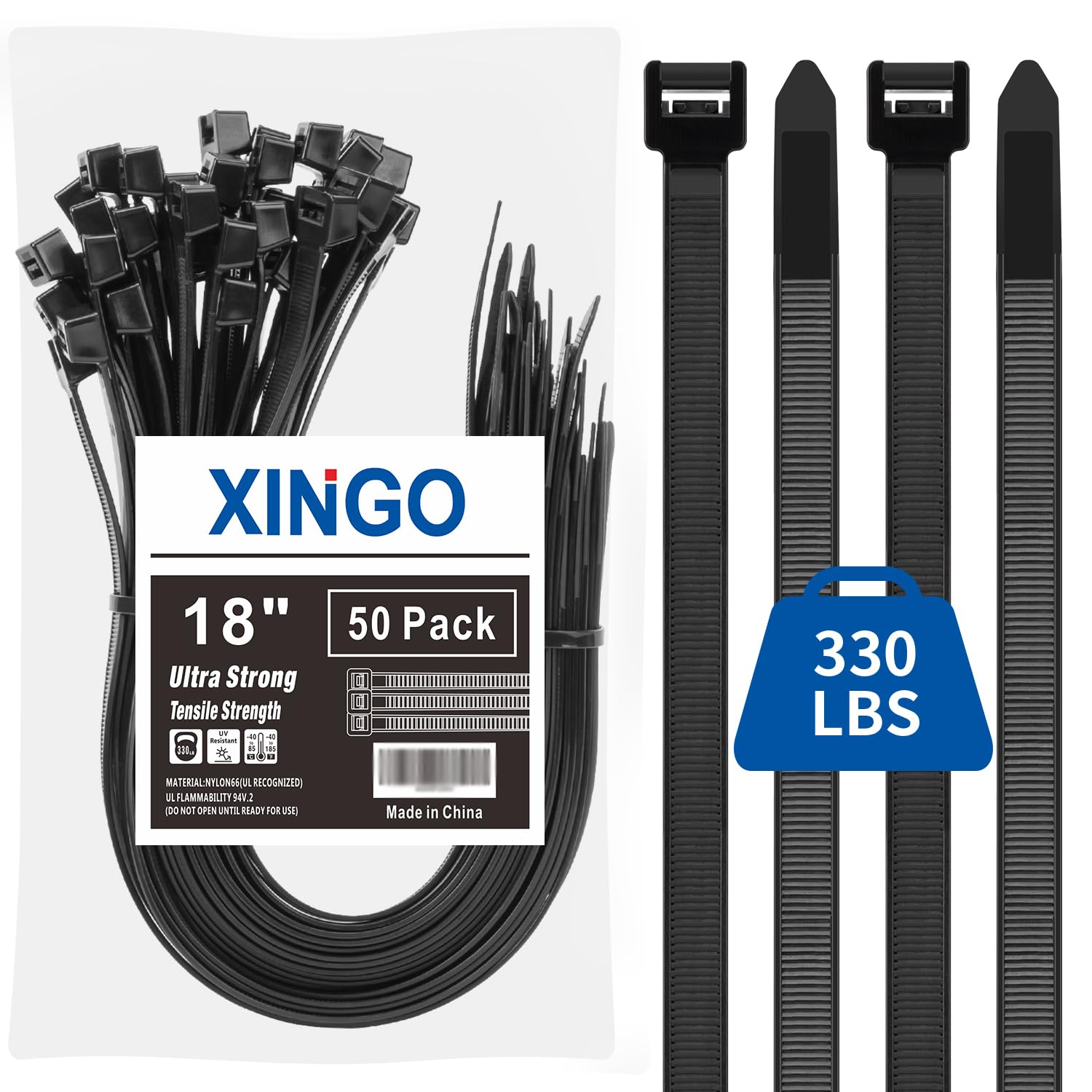 XINGO 18-Inch Heavy Duty Black Cable Ties - 50 Pack Ultra Strong 330 lbs Plastic Wire Ties for Indoor & Outdoor Use - Perfect for Bundling Cables, Securing Garden Plants, and Organizing Home or Office Supplies