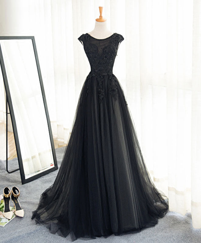 Elegant Black A-Line Tulle Lace Long Prom Dress for Women - Perfect for Evening Gala, Formal Dance & Special Occasions
