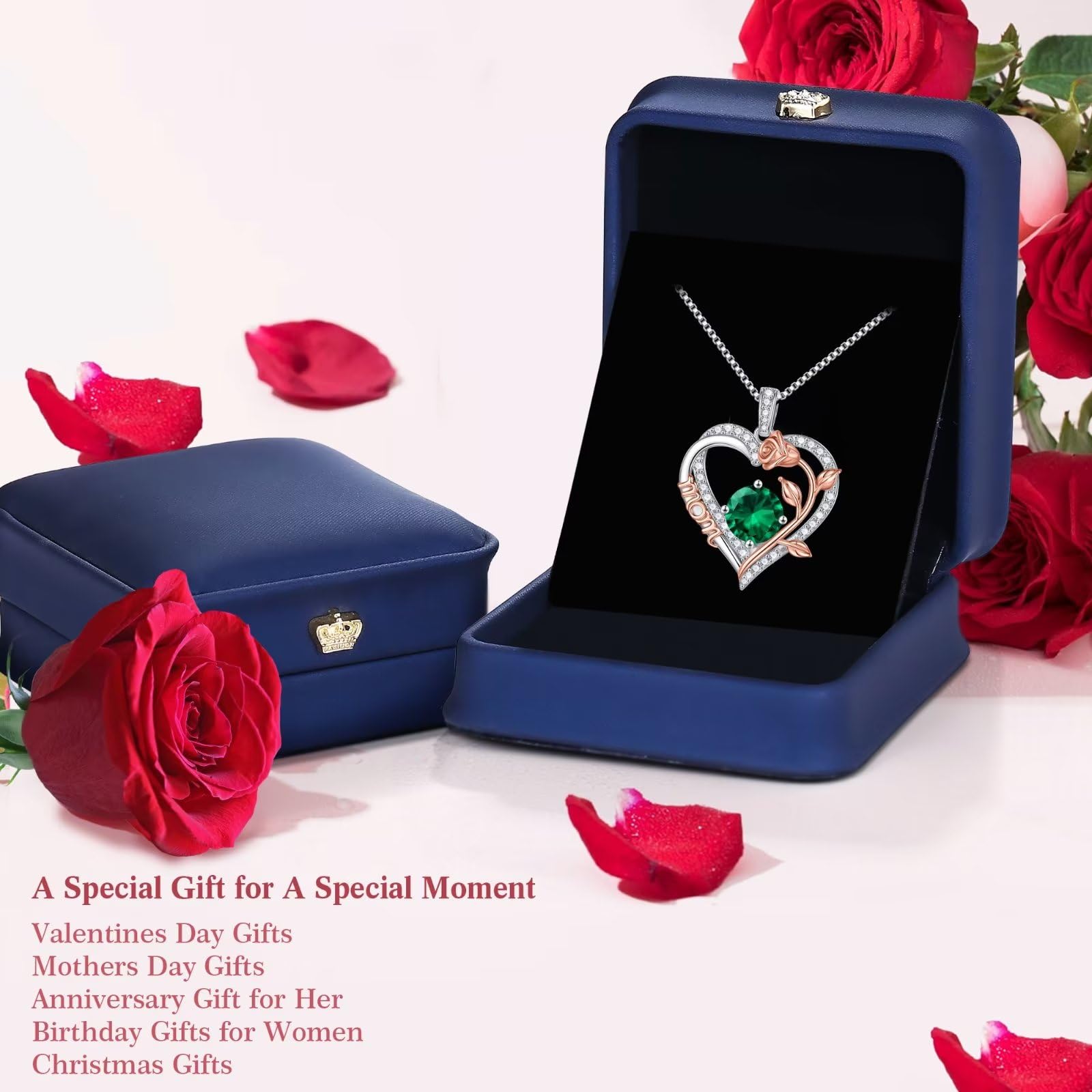 Rose Heart Birthstone Necklace for Mom - 925 Sterling Silver Pendant Jewelry | Mother's Day, Birthday Gift for Women | Perfect for Valentine's Day, Anniversary & Special Occasions