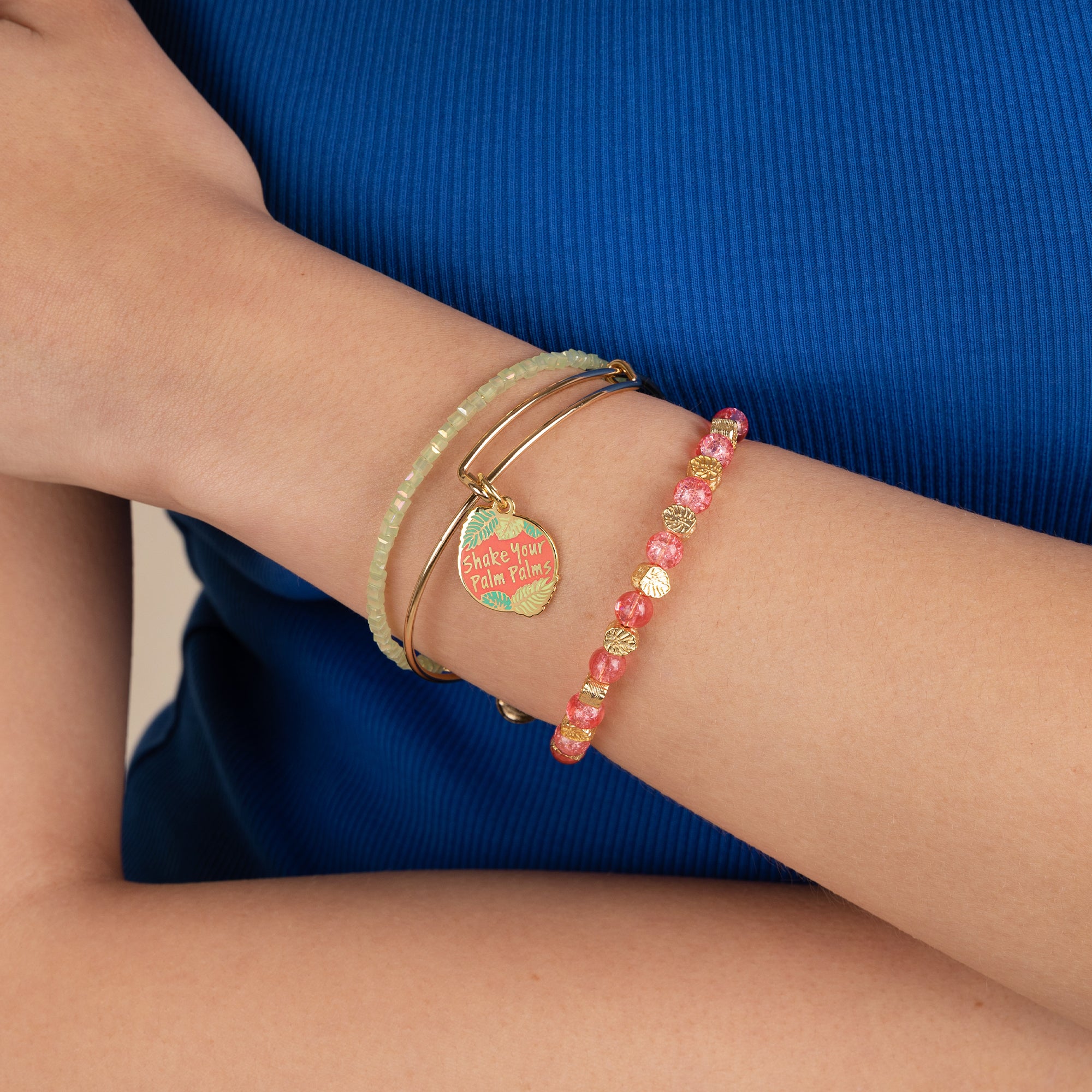 Trendy Palm Tree Charm Bangles Set of 3 - Boho Beach Jewelry for Women - Perfect for Vacation, Summer Parties & Tropical Themed Events