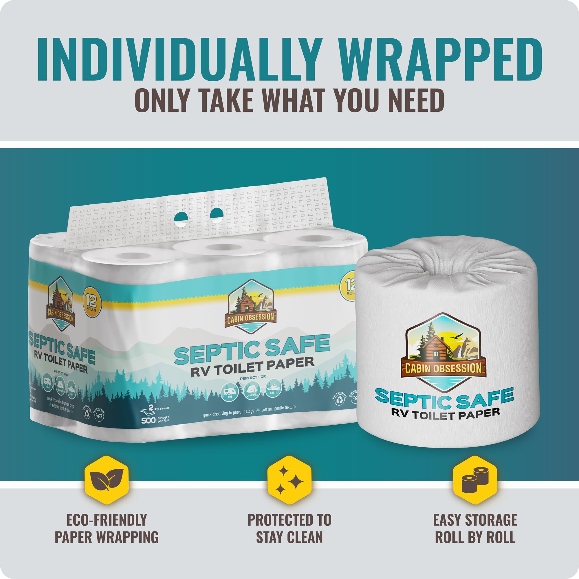 **Septic Safe RV Toilet Paper - 12 Pack Quick Dissolving 2-Ply Camper Toilet Paper for RVs, Boats & Camping | Prevents Clogs in Septic Tanks & Marine Toilets | Ideal for Road Trips & Outdoor Adventures**