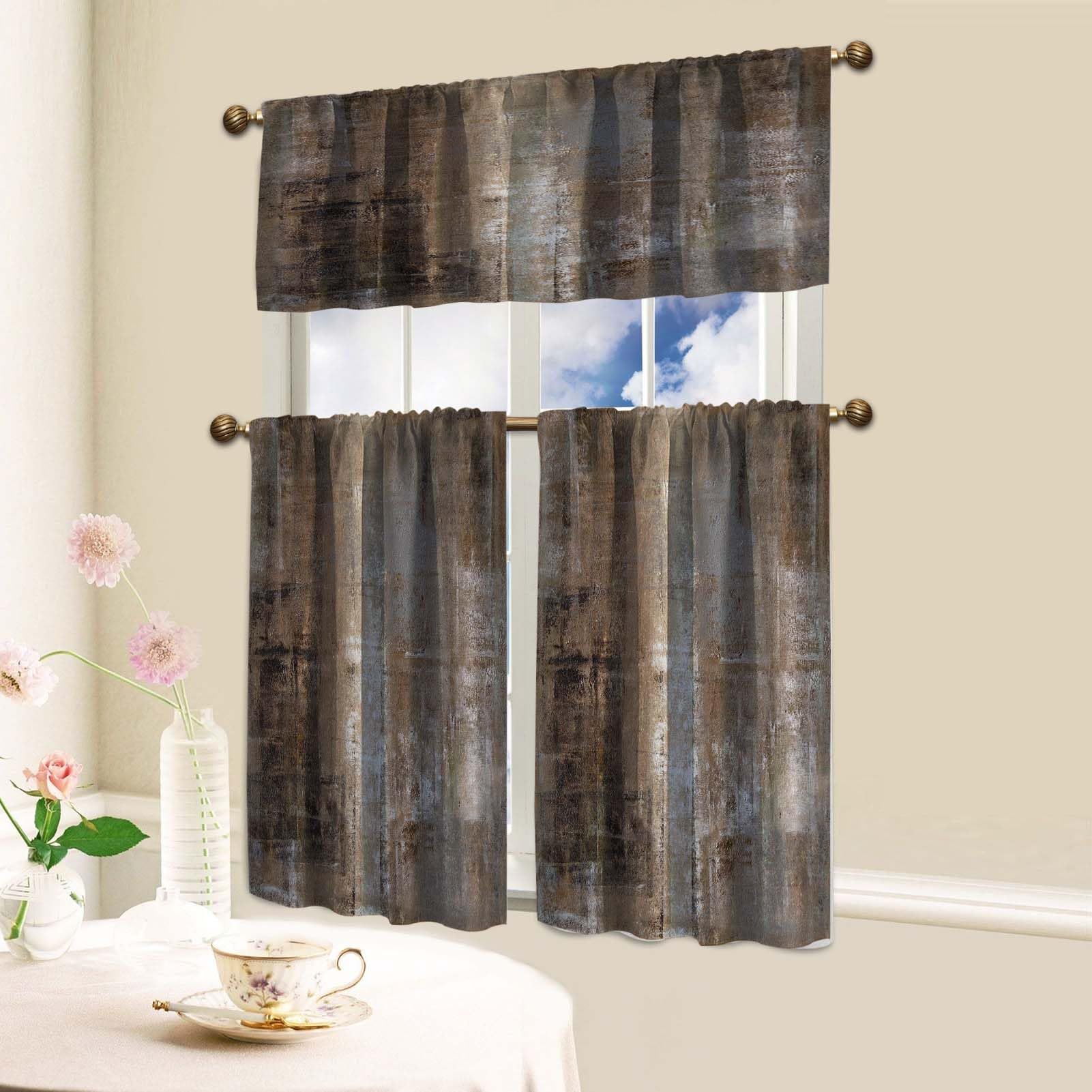 MCALK 3-Piece Brown Kitchen Curtain Set with Grey Abstract Valances - 36