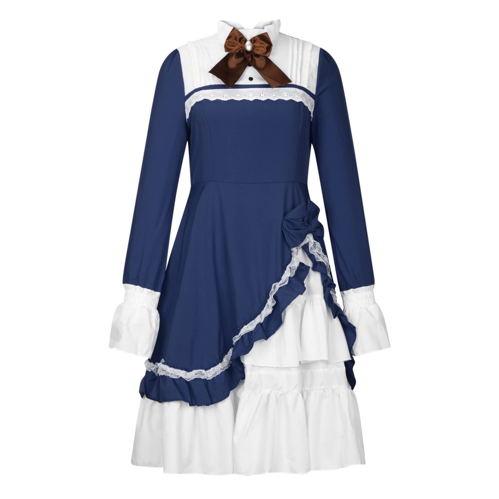 2022 Women's Lace Patchwork Swing Dress - Retro Style Knee-Length Long Sleeve Evening Party Dress in Dark Blue | Perfect for Cocktail Parties, Weddings & Formal Events