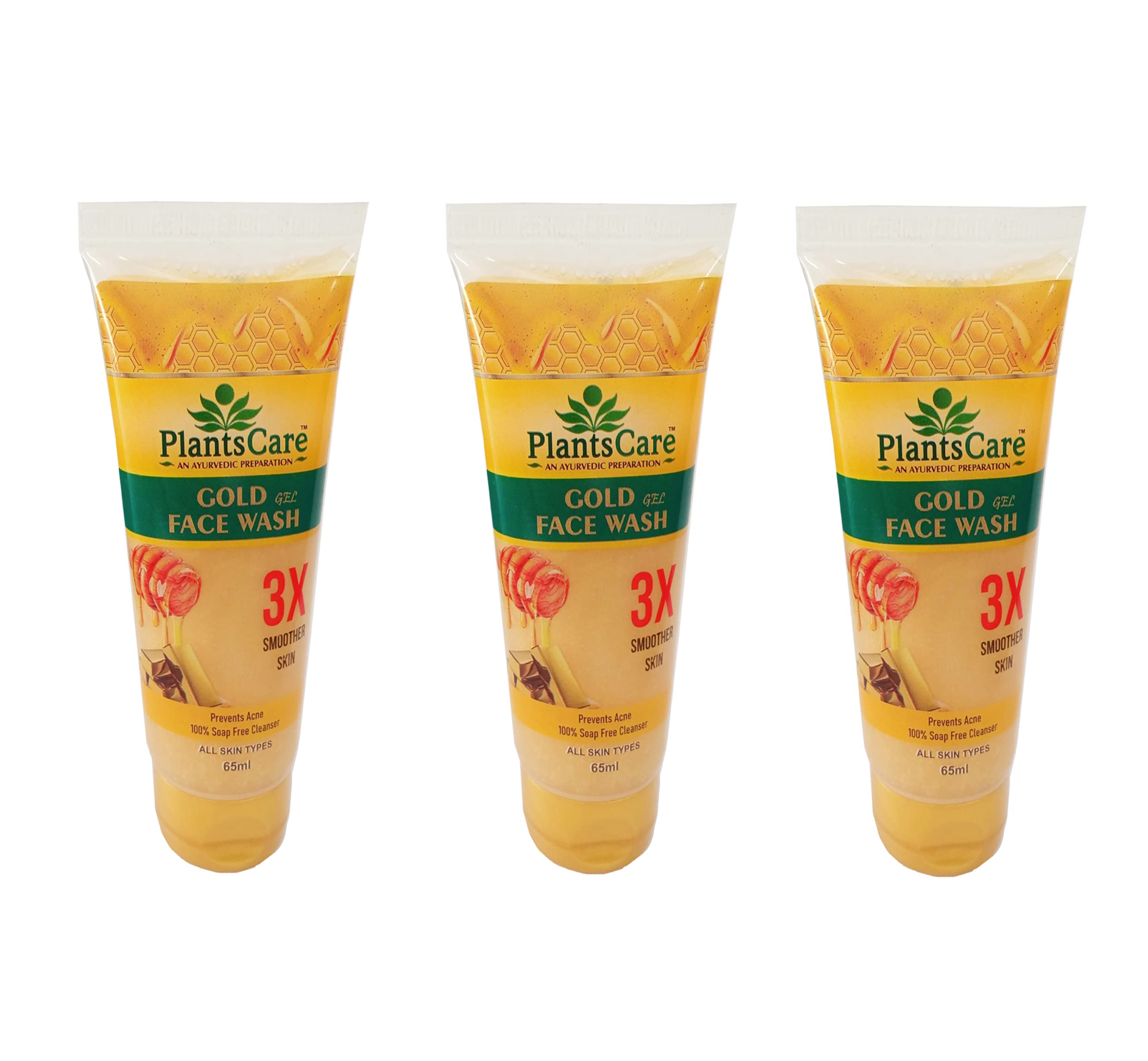 Plants Care Gold Gel Face Wash 65ml - Pack of 3 | Gentle Cleansing for All Skin Types | Perfect for Daily Skincare Routine & Travel