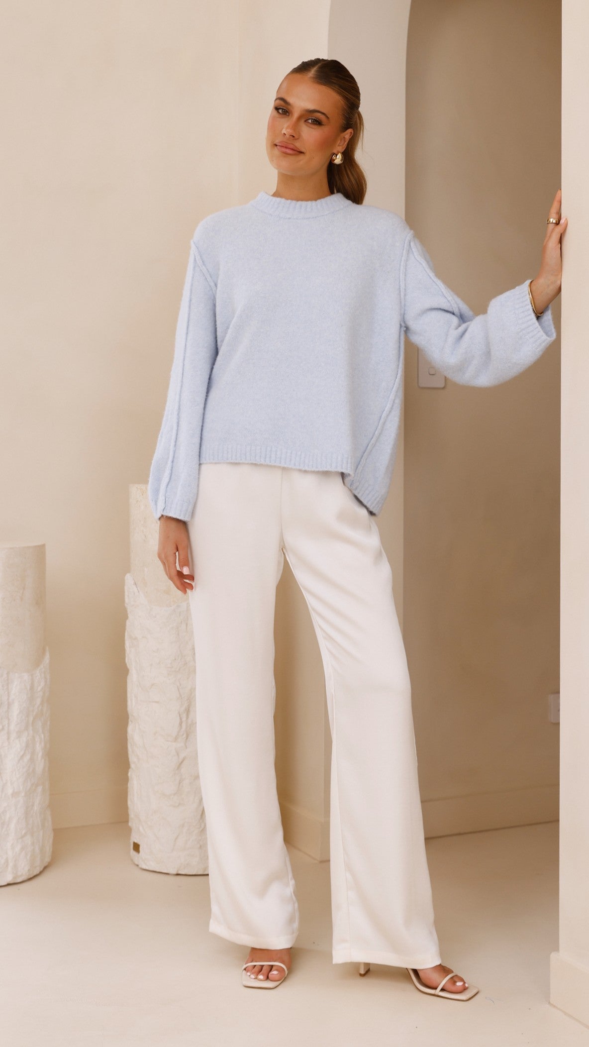 Ally Knit Sweater Women's Blue Crewneck Pullover - Perfect for Fall Fashion & Casual Outfits