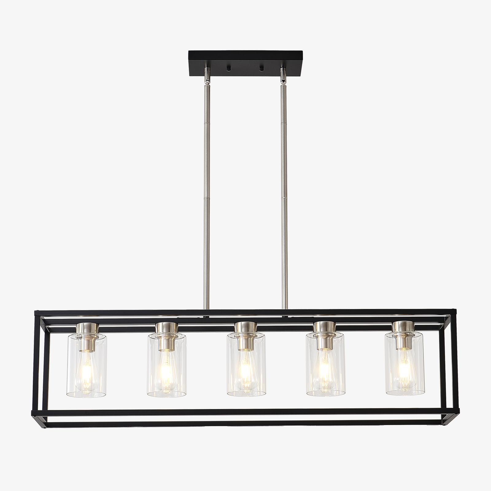 5-Light E26 Kitchen Island Lighting - Farmhouse Dining Room Chandelier with Clear Glass Shades, Adjustable Height Black & Silver Rectangle Pendant Light for Kitchen Counter, Dining Table, Breakfast Nook, and Bar