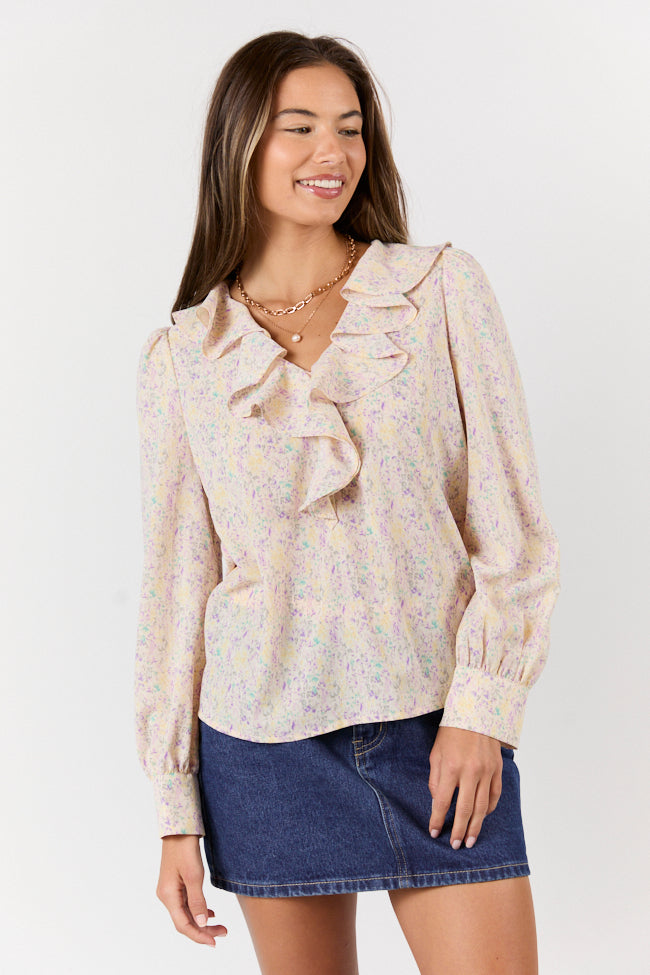 Pastel Floral Ruffle Trim Blouse for Women - Elegant Spring Summer Top - Perfect for Office, Date Night & Casual Outings
