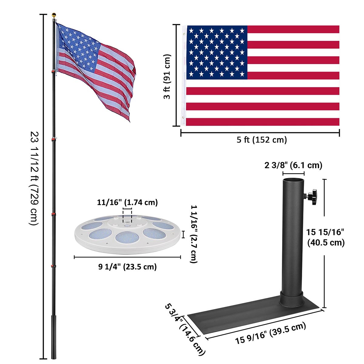TheLAShop Solar-Powered Telescoping Flagpole for Trucks - Extendable Tailgate Flag Mount with LED Lights for Camping, Tailgating & Outdoor Events