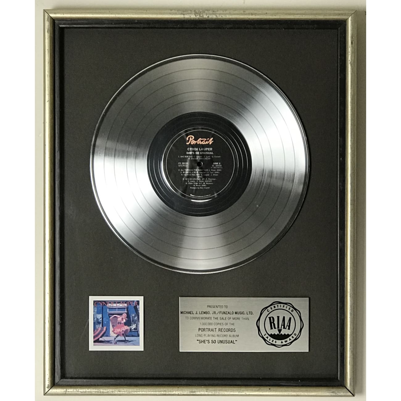 Cyndi Lauper She's So Unusual RIAA Certified Platinum Record LP Award - Perfect for Music Collectors & Vintage Vinyl Displays
