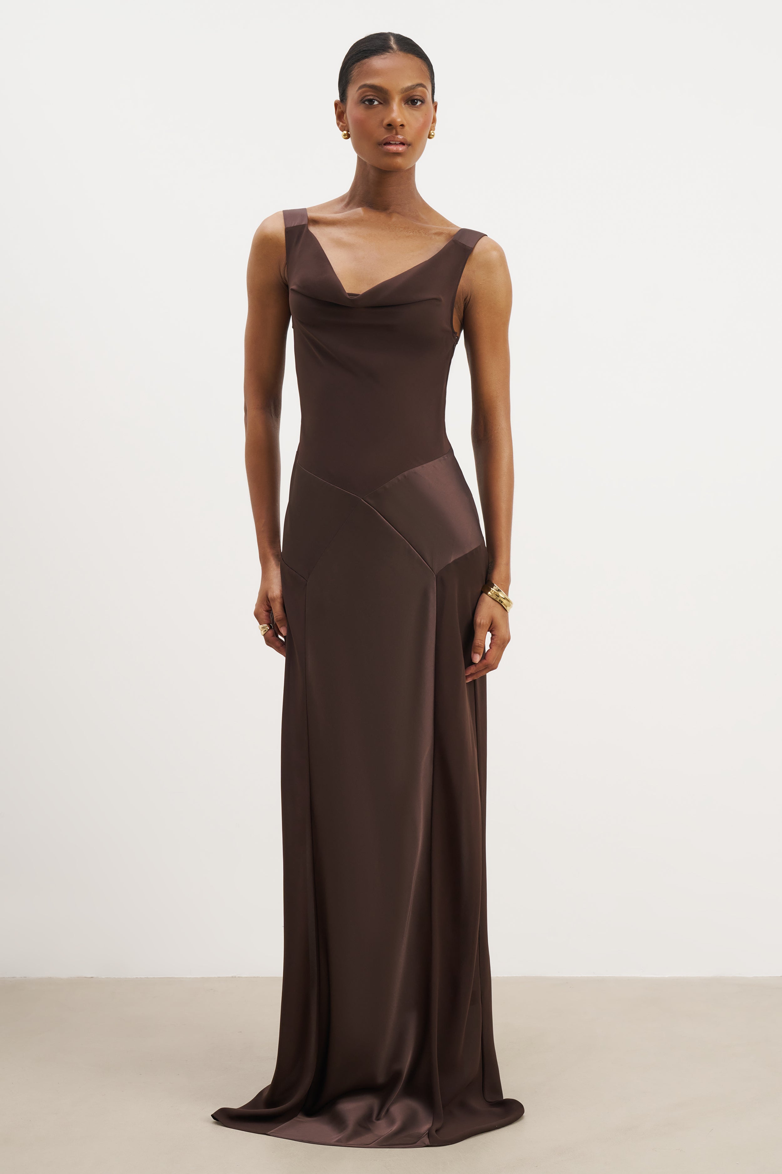 Elegant Cowl Neck Satin Panel Evening Gown in Carob - Perfect for Weddings, Galas & Formal Events