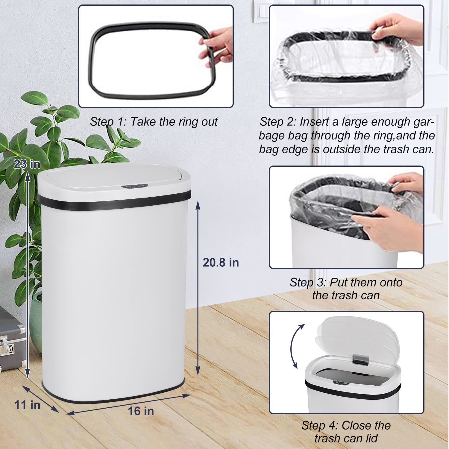 13 Gallon Automatic Touchless Sensor Trash Can - Stainless Steel Kitchen Garbage Bin with Lid, 50L High Capacity, White | Perfect for Modern Kitchens, Offices & Bathrooms