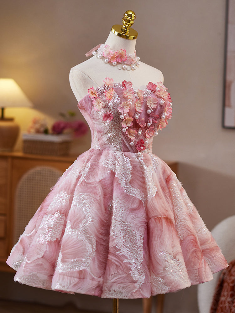 Elegant A-Line Pink Lace Flower Short Prom Dress | Homecoming Party Gown | Perfect for Formal Dances, Graduations & Special Occasions