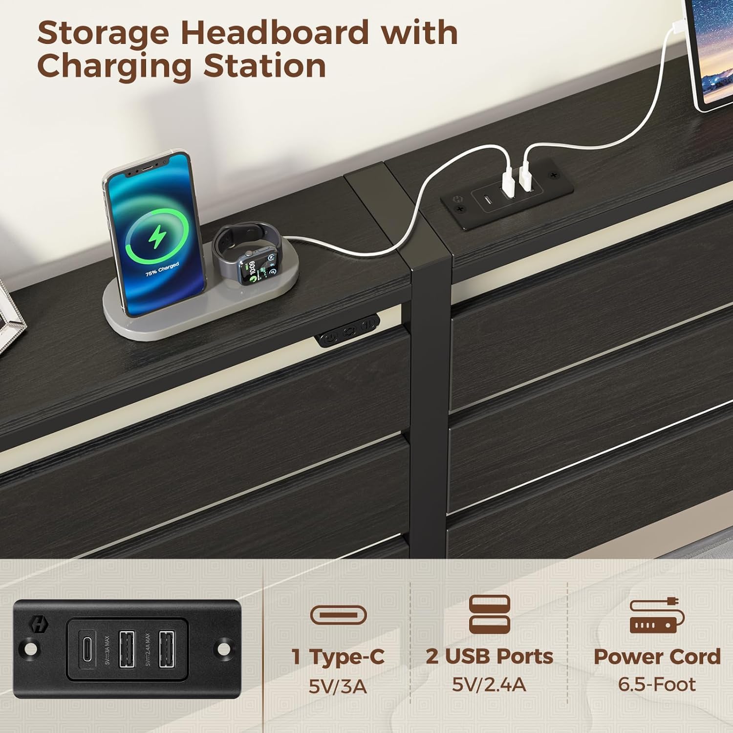 **Rolanstar Twin Size Bed Frame with USB Charging & LED Lights, Wood Storage Headboard, Black Metal Platform Bed - Under Bed Storage, No Box Spring Needed, Noise-Free - Perfect for Small Bedrooms, Dorms & Guest Rooms**