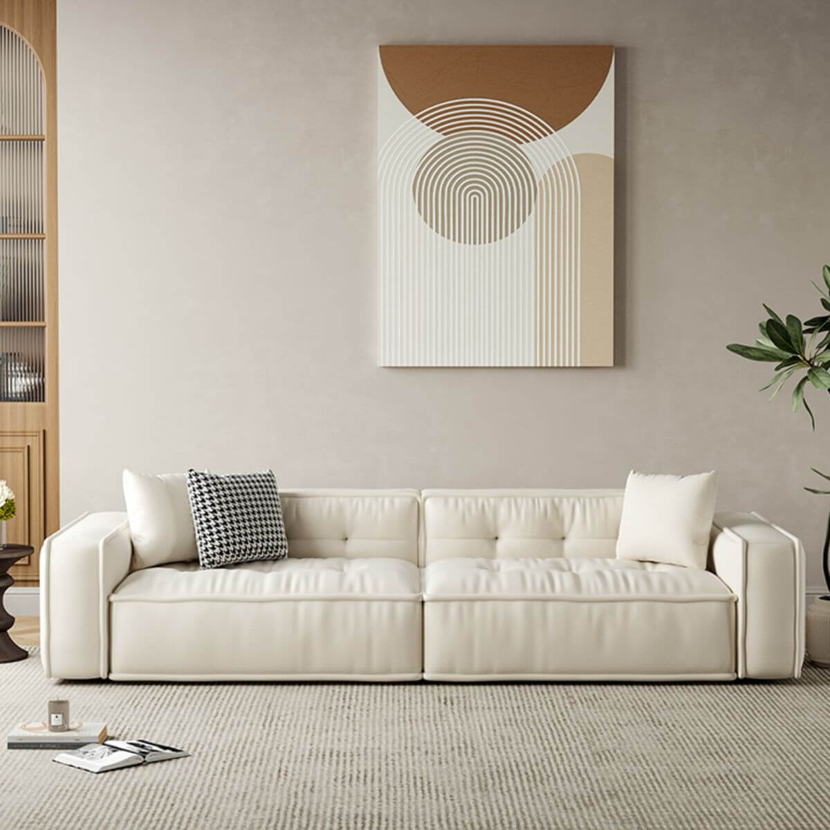Stylish Minimalist Off-White Loveseat Sofa with 3 Decorative Throw Pillows - Perfect for Small Living Rooms, Apartments & Cozy Reading Nooks