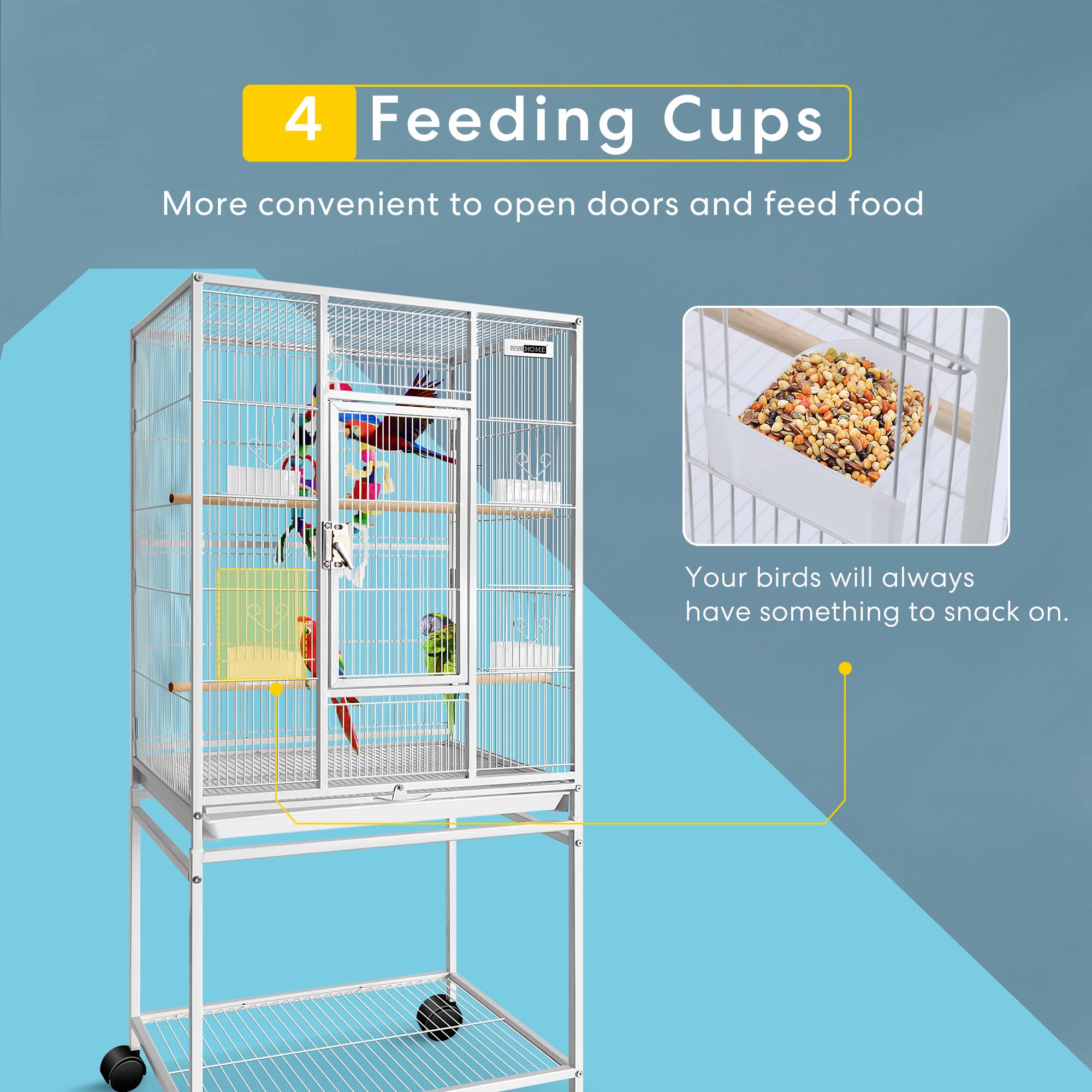 VIVOHOME 54 Inch Large Wrought Iron Bird Cage with Rolling Stand - Flight Cage for Parakeets, Canaries, Cockatiels, Lovebirds & Conures - Perfect for Home, Office or Outdoor Use (White)