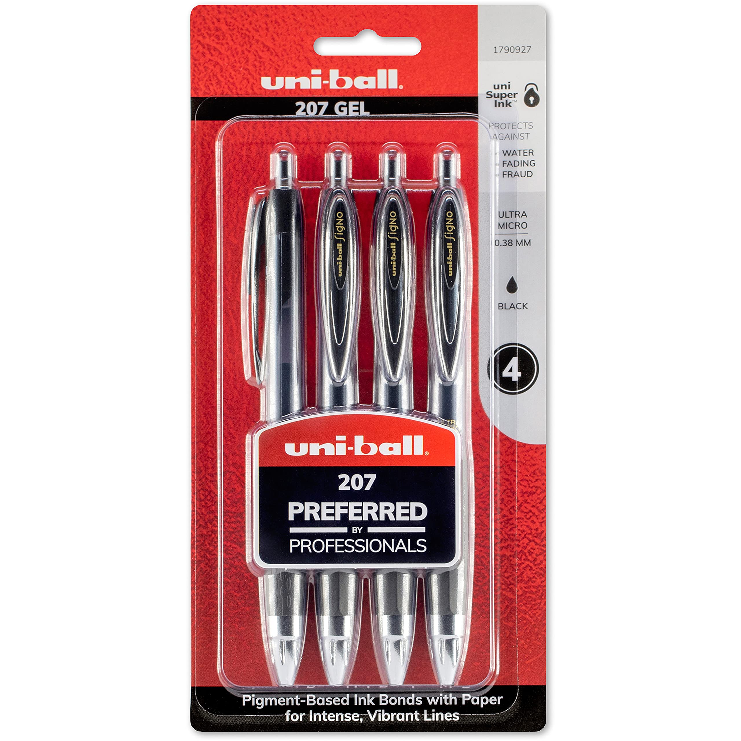 Uni-Ball 207 Signo Click Retractable Gel Pens 4-Pack - 0.5mm Micro Point, Black Ink, Fraud-Proof Design - Perfect for Office Work, Nursing, Business Meetings, School Notes & Bible Journaling