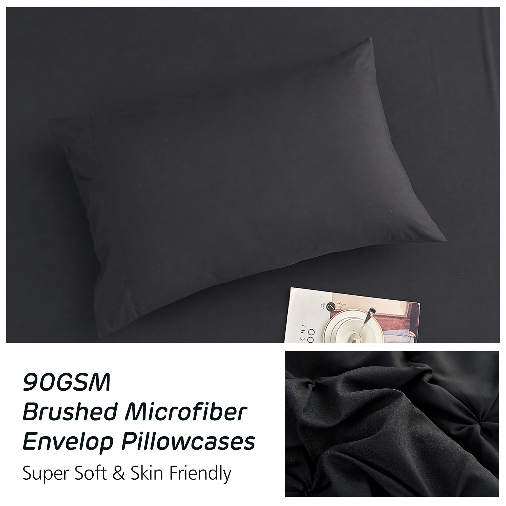 HAOK 8-Piece Pinch Pleat Bedding Comforter Set - 500GSM Microfiber Down Alternative Comforter with Pintuck Design (Black, King Size) for Luxury Master Bedroom & Guest Room Decor