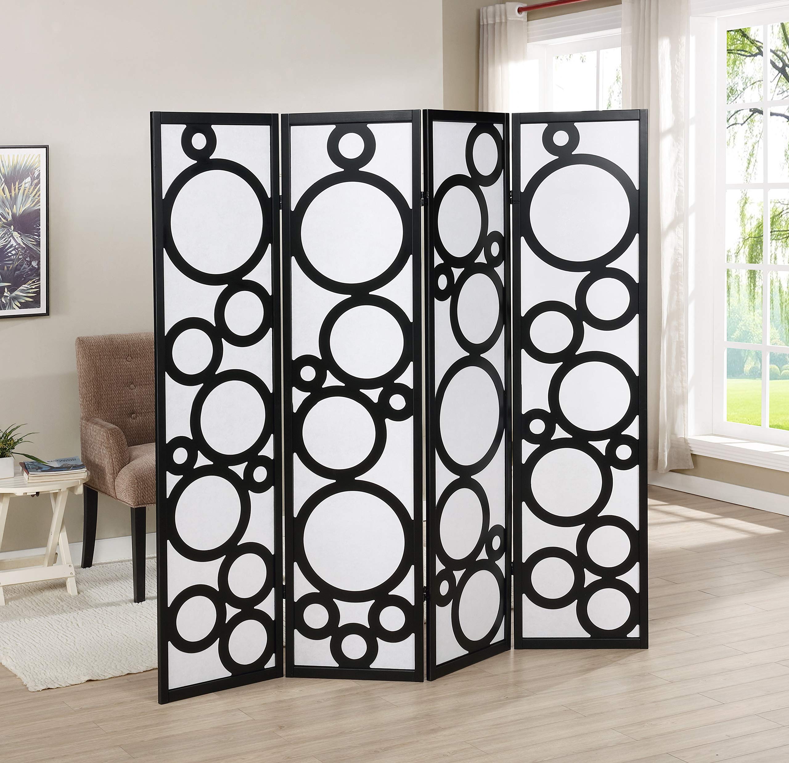 Roundhill Furniture Arvada 4-Panel Wood Room Divider with Circle Pattern - Black Wooden Folding Screen for Home Office, Living Room & Bedroom Privacy