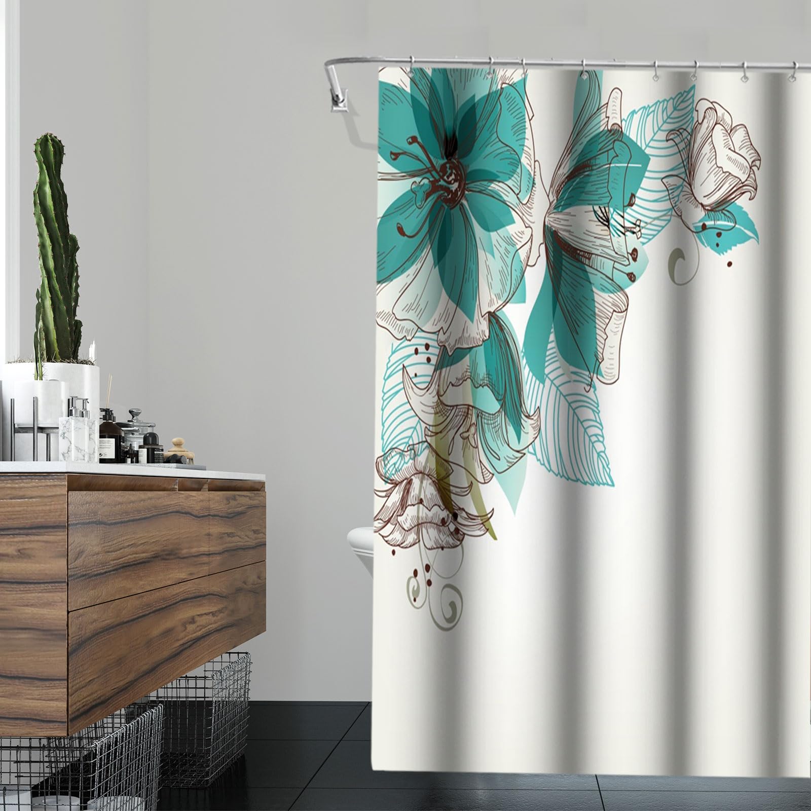 Boho Shower Curtain Dark Blue Floral with Green Leaves - Nature Inspired Plant Sage Green Bathroom Decor - 48x72 Inch Waterproof Fabric with Hooks - Perfect for Modern, Farmhouse or Bohemian Style Bathrooms