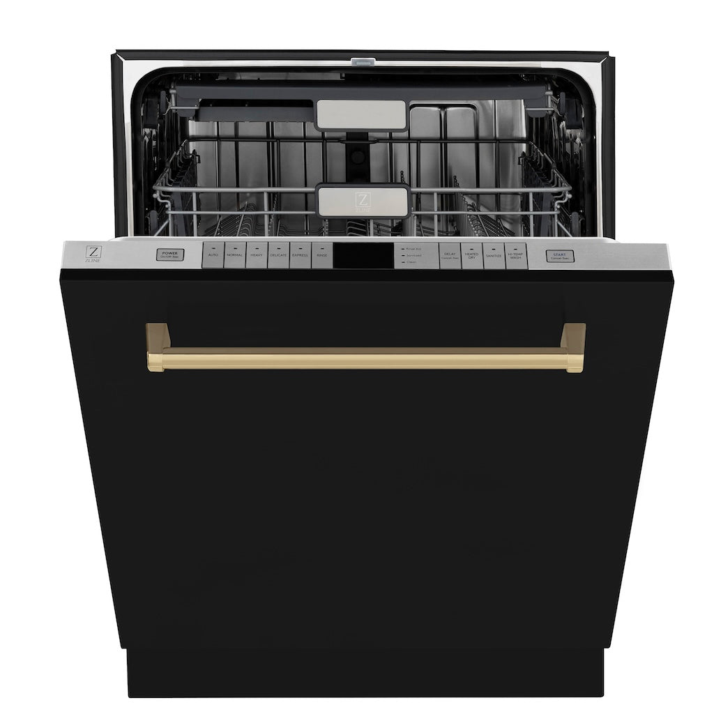 ZLINE Autograph Edition 24 Inch Black Matte Dishwasher with Champagne Bronze Handle - 3rd Rack, Top Touch Controls, 45dBA Ultra Quiet - Perfect for Modern Kitchens, Open Concept Homes & Luxury Condos (DWMTZ BLM 24 CB)