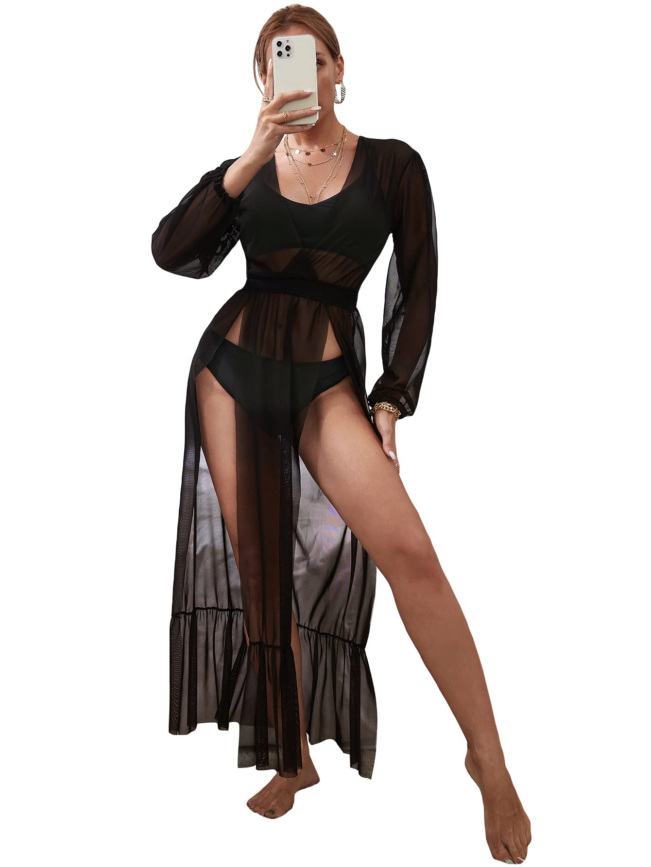 Romwe Women's Long Sleeve Sheer Beach Cover Up Maxi Dress with Thigh Split - Sexy Swimwear Cover Up for Pool, Beach Vacation & Summer Outfits