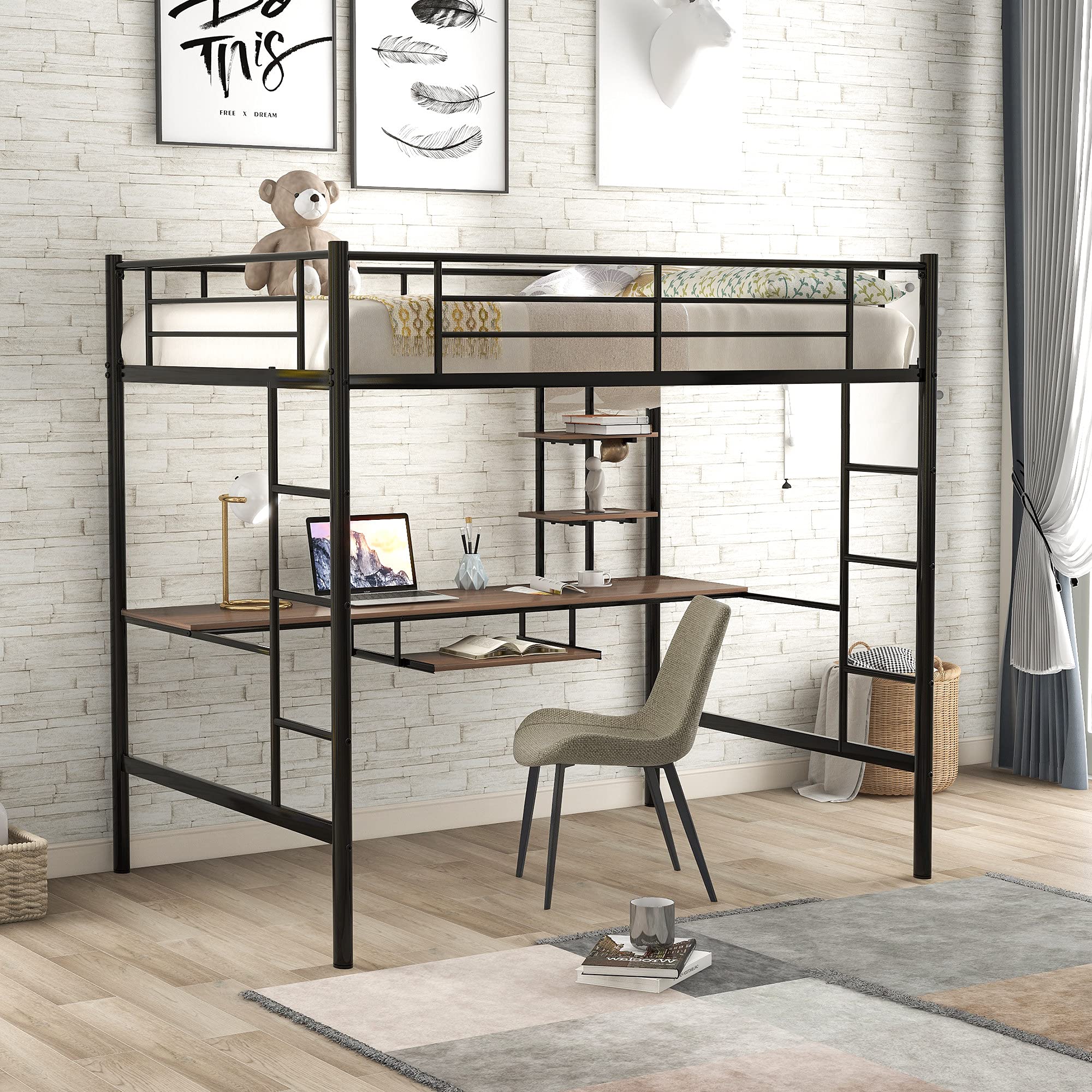 **Full Size Loft Bed with Desk & 2 Shelves - Sturdy Metal Frame, Safety Guardrails & Dual Ladders - Perfect for Kids, Teens & Small Spaces - No Box Spring Needed (Black)**    *(Great for dorm rooms, studio apartments, or kids' bedrooms - Saves space with built-in study desk and storage!)*