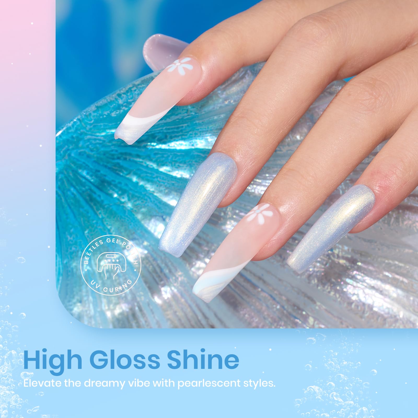 Beetles Shimmer Glitter Gel Nail Polish Set - 6 Colors (White, Pink, Blue Pearl) Mermaid UV LED Soak Off Polish with Swirl Thread Effect | DIY Manicure Kit for Women | Perfect for Spring Summer Nail Art & Gift Giving