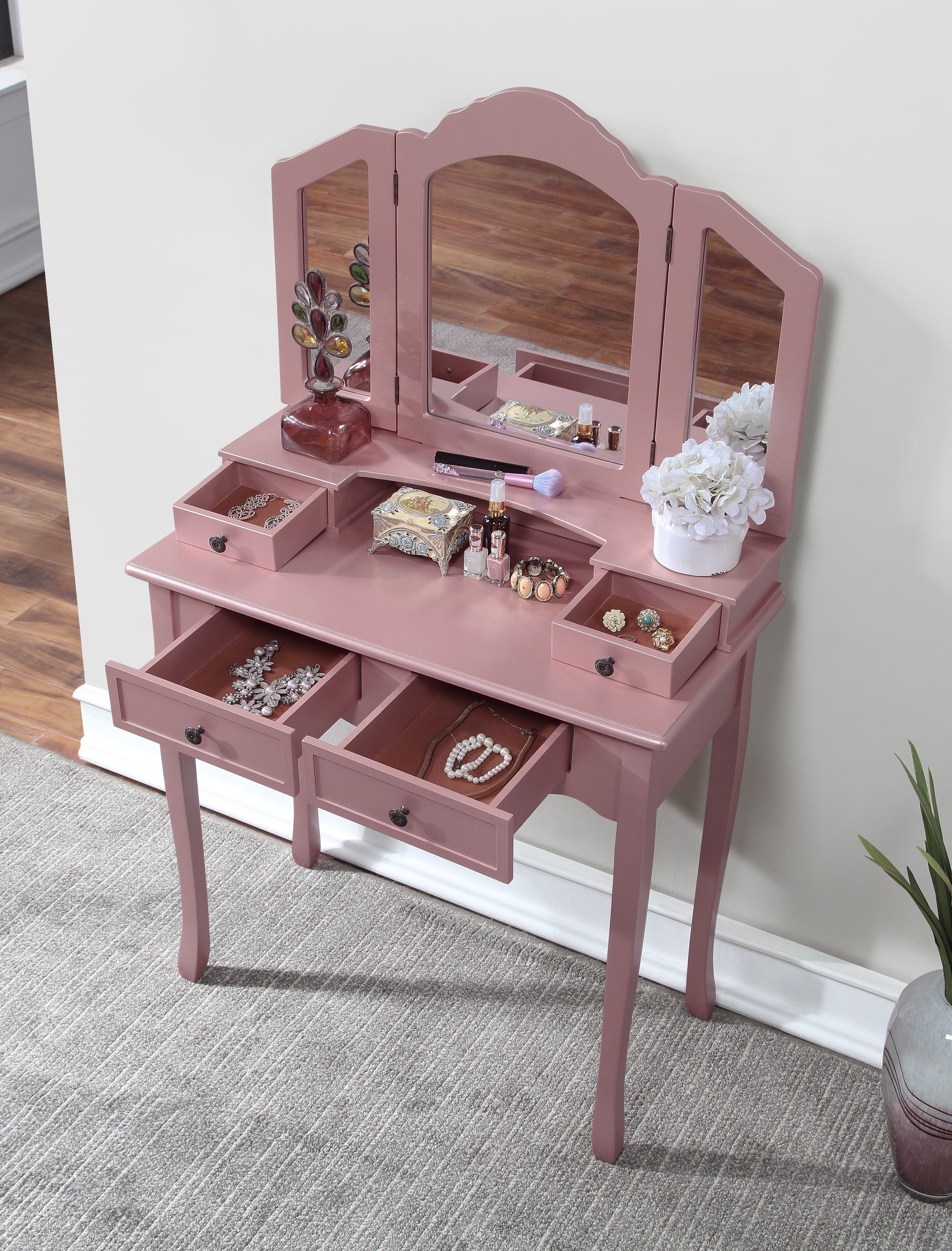 Roundhill Furniture Sanlo Wooden Vanity Makeup Table and Stool Set with Mirror - Elegant Dressing Table for Bedroom, Bathroom & Beauty Salon