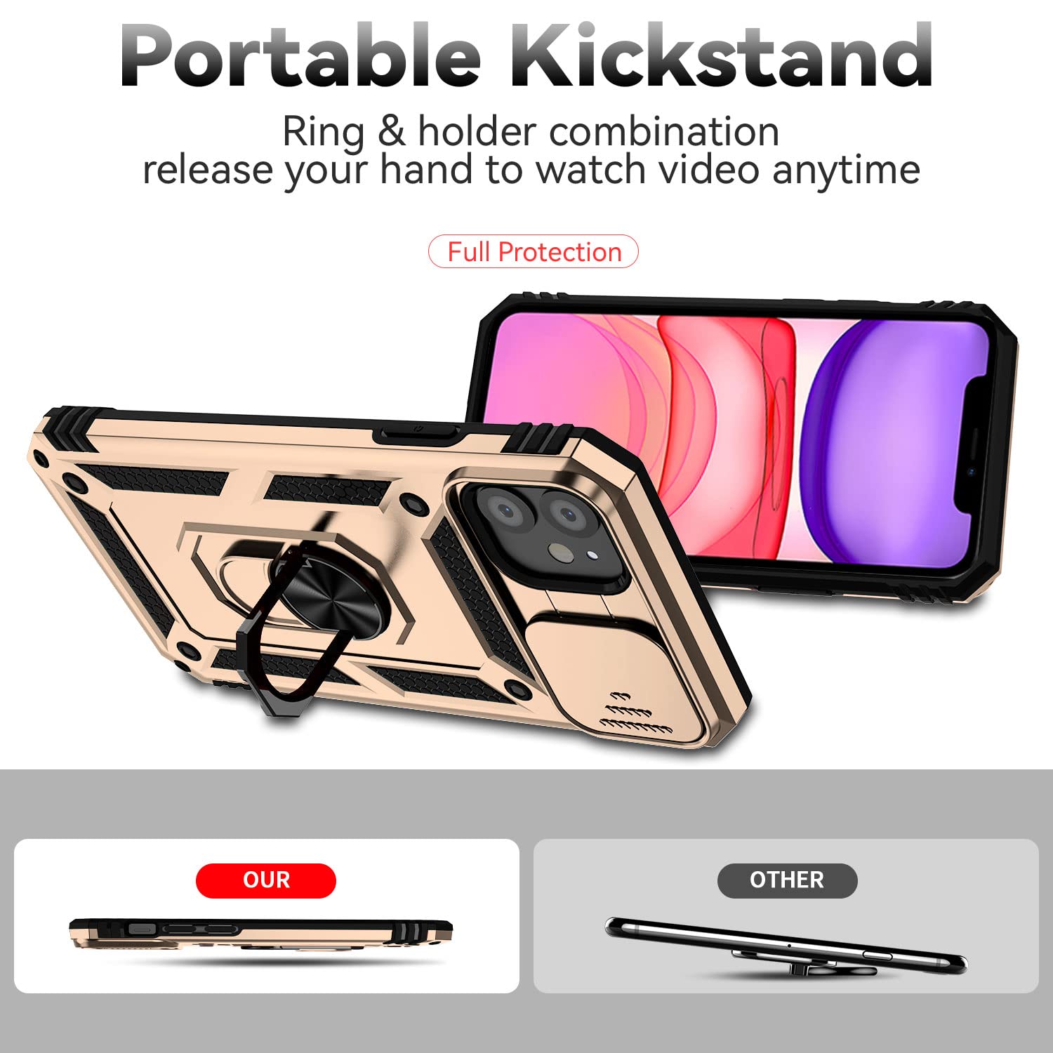 Hitaoyou iPhone 11 Case with Camera Cover & Kickstand - Military Grade Shockproof Heavy Duty Protective Magnetic Phone Cover for iPhone 11 (Gold) - Perfect for Outdoor Activities, Travel and Daily Protection