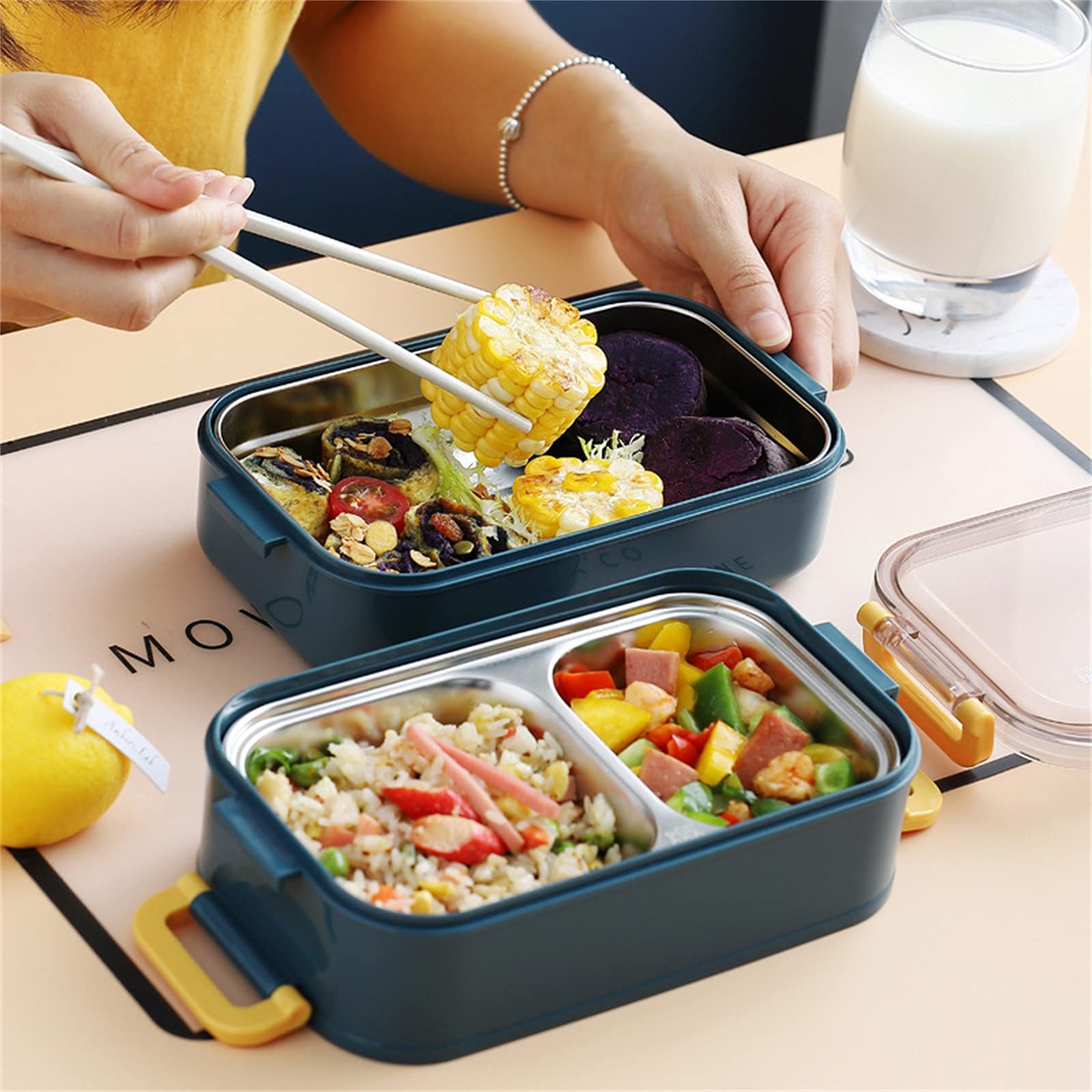 **Insulated Stainless Steel Bento Lunch Box for Students - Double Layer Leak-Proof Lunch Container, Microwave Safe, Kids Food Storage (Blue) - Perfect for School, Office & Picnics**