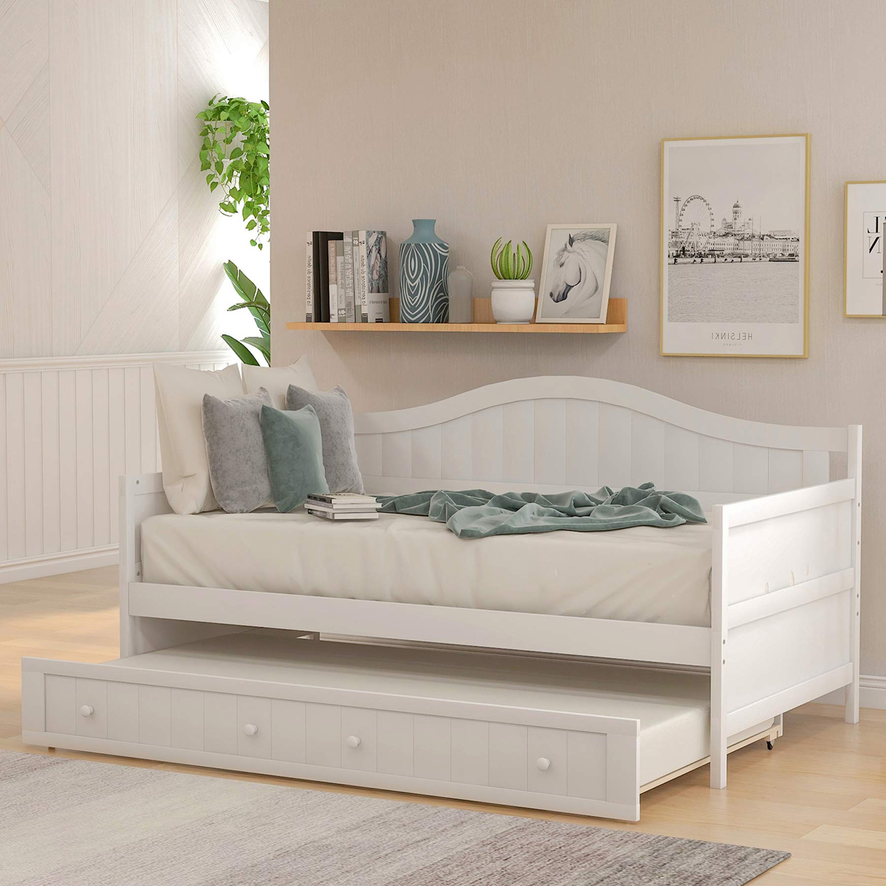 P PURLOVE White Wood Twin Daybed with Trundle - Convertible Sofa Bed Frame for Bedroom, Living Room & Guest Room - Perfect for Small Spaces, Sleepovers & Multi-Purpose Furniture Needs