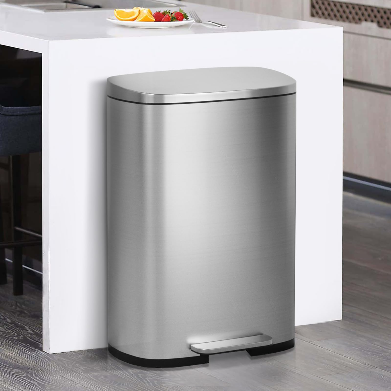 13 Gallon Brushed Stainless Steel Step Trash Can with Soft-Close Lid - 50L High Capacity Kitchen Garbage Bin for Home, Office, Bathroom & Bedroom - Odor Control & Hands-Free Disposal for Modern Living Spaces