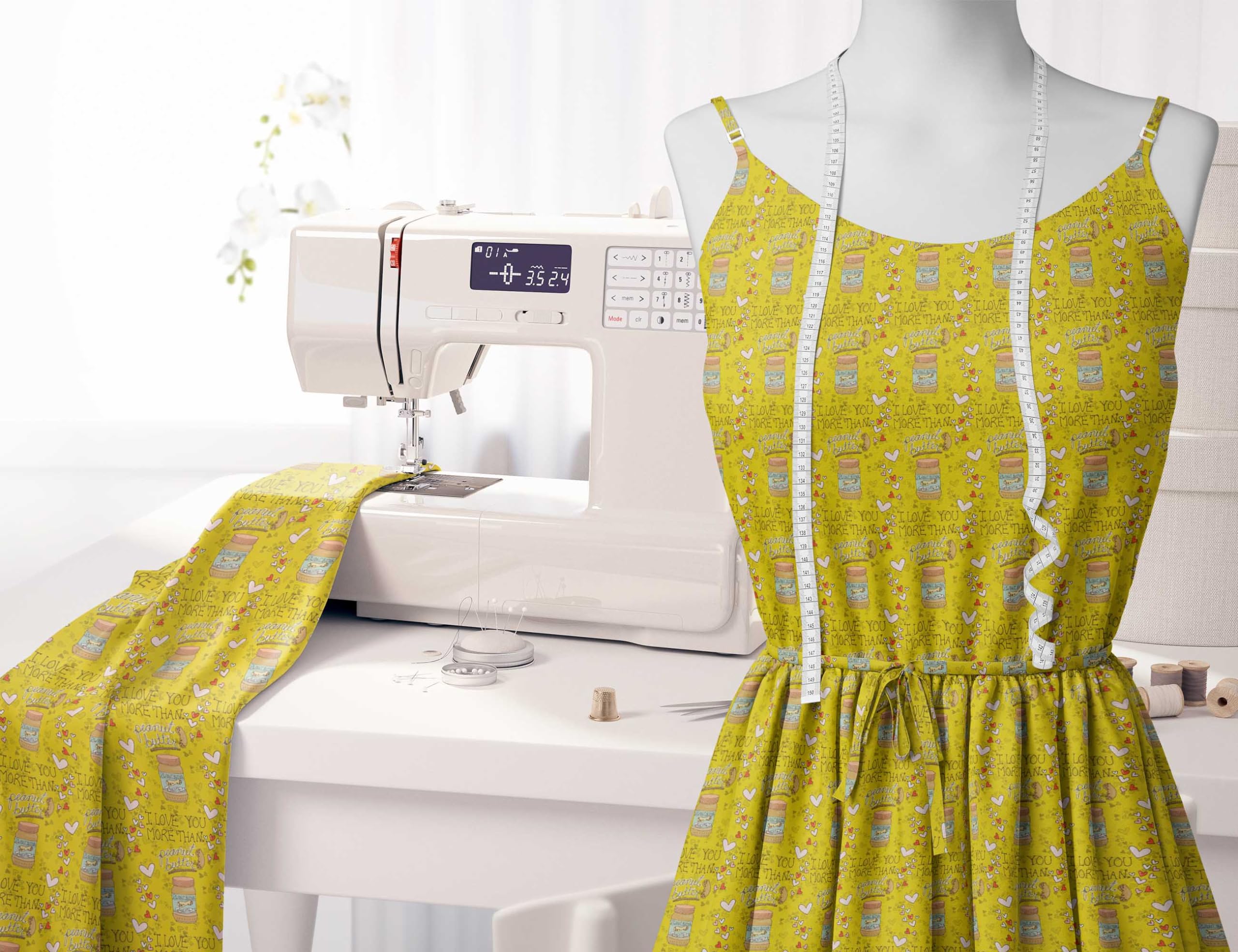 Soimoi Japanese Crepe Fabric - 42 Inch Wide Yellow Text & Peanut Butter Food Print Material by The Yard - Nutty Playful Design for DIY Crafts, Quilting, Dressmaking, Home Decor and Sewing Projects