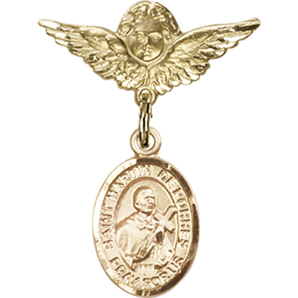 Gold Filled St. Martin de Porres Charm & Angel Wing Badge Pin - 1 x 3/4 Inch Baby Medal - Perfect for Baptism Gifts, Christening Jewelry & Religious Keepsakes