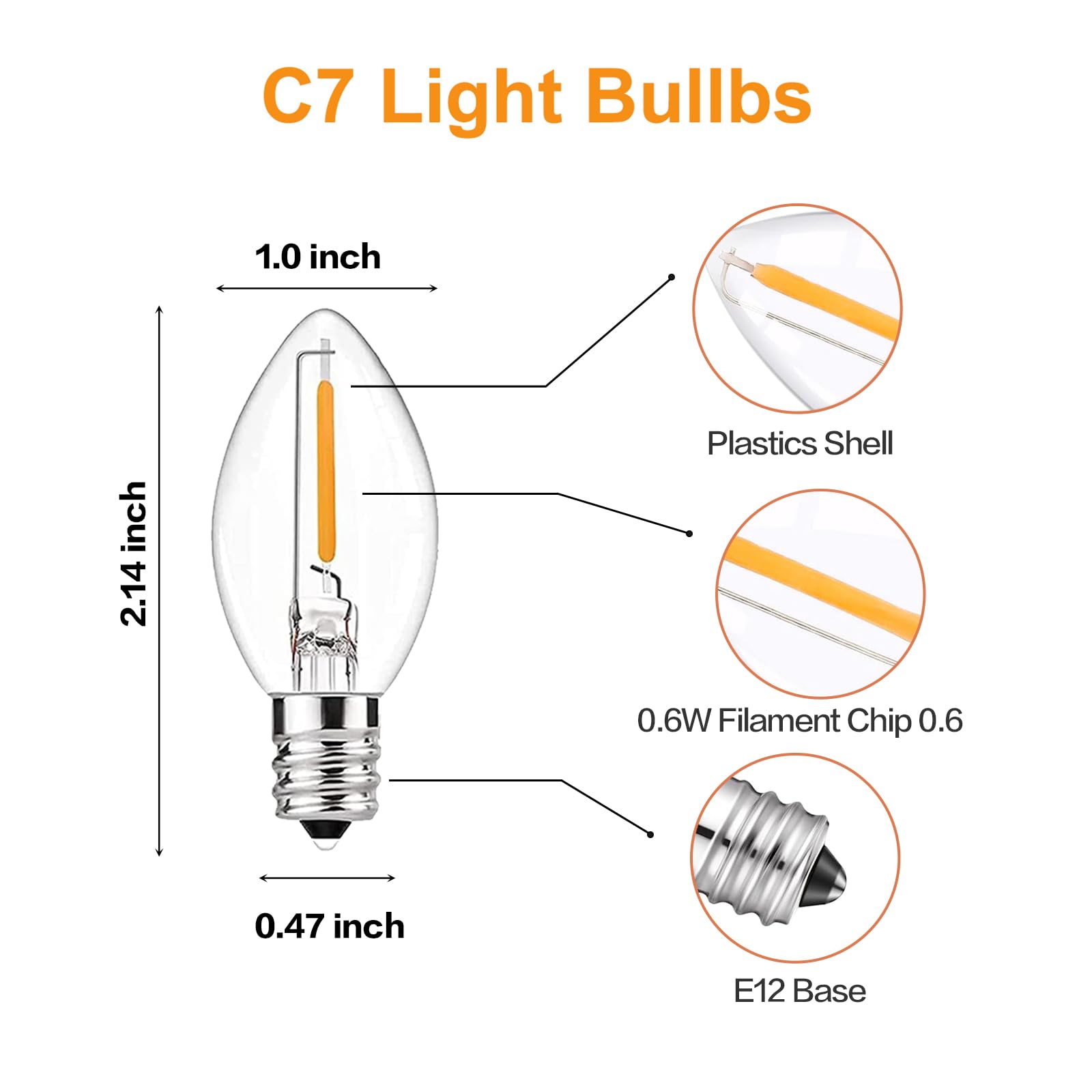 25 Pack C7 LED Night Light Bulbs - Warm White 0.6W E12 Candelabra Base - Clear Replacement Bulbs for Christmas & Halloween Outdoor String Lights - Perfect for Holiday Decor, Party Lighting & Home Ambiance