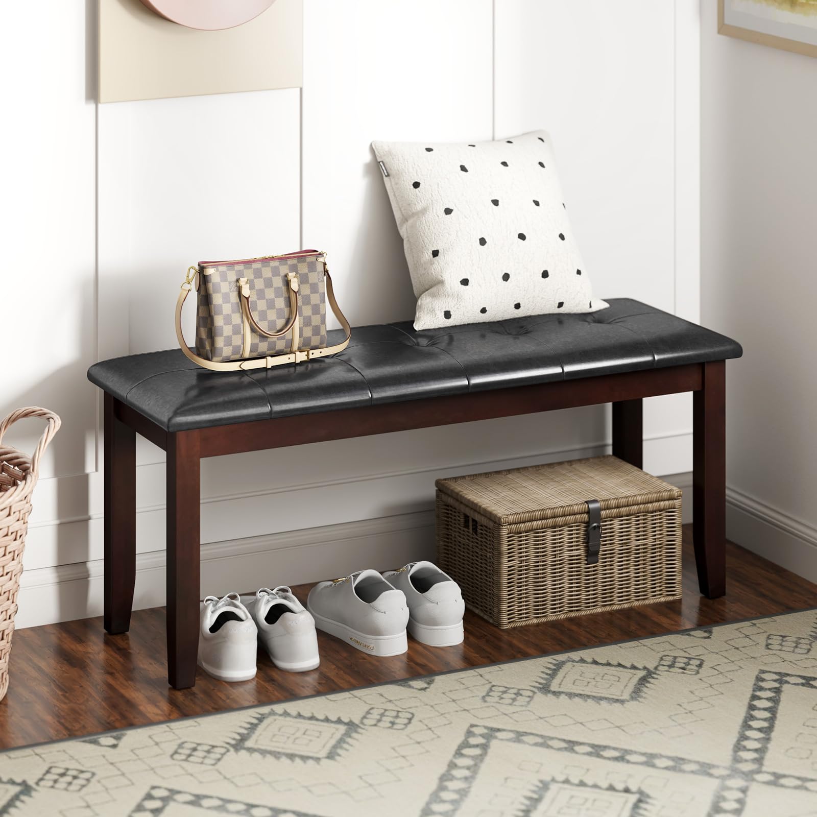 Giantex Traditional Upholstered Dining Room Bench - PU Leather Entryway Bench for Hallway, Bedroom End of Bed & Ottoman - Perfect for Living Room, Entry Hall and Bedroom Decor (Brown)