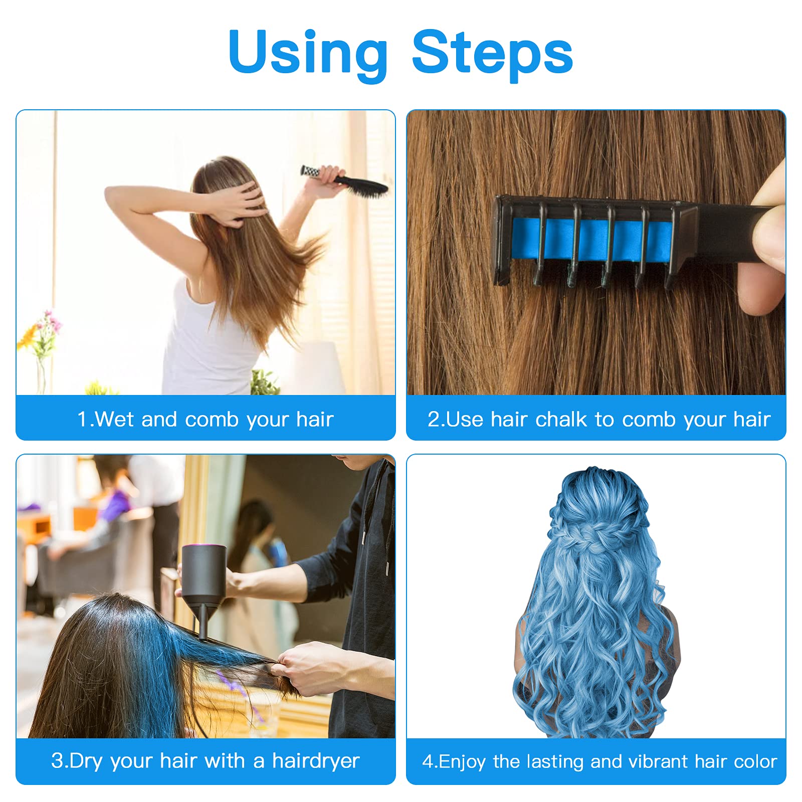 Washable Temporary Hair Chalk Comb - Non-Toxic Hair Dye for Kids & Girls (Blue, Pink, Purple) | Perfect for Light Hair, Birthday Parties, Cosplay, Easter & DIY Styling | Safe for Ages 4-10