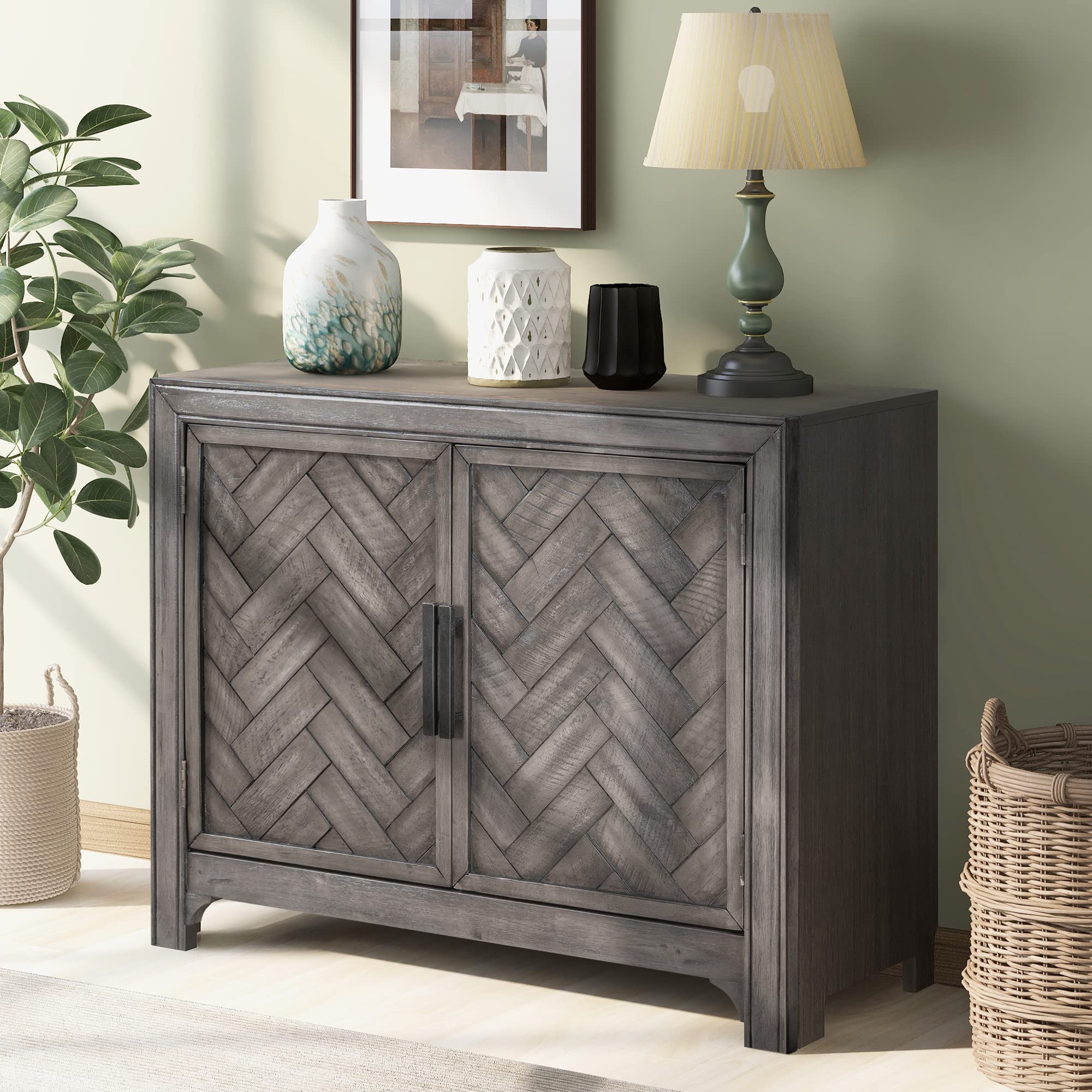 JSKJ Modern Console Sofa Table Sideboard with Storage Cabinet - Distressed Wood Entryway Accent Furniture in Antique Grey - Perfect for Living Room, Hallway & Entryway Organization