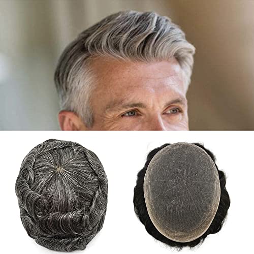 Natural Full French Lace Toupee for Men with Bleached Knots - Undetectable Hair Replacement System for Grey Hair - Breathable Hair Unit Wig (8X10, #210 2# Darkest Brown 10% Synthetic Grey - Light to Medium Density) - Perfect for Daily Wear, Special Occasions & Hair Loss Solutions