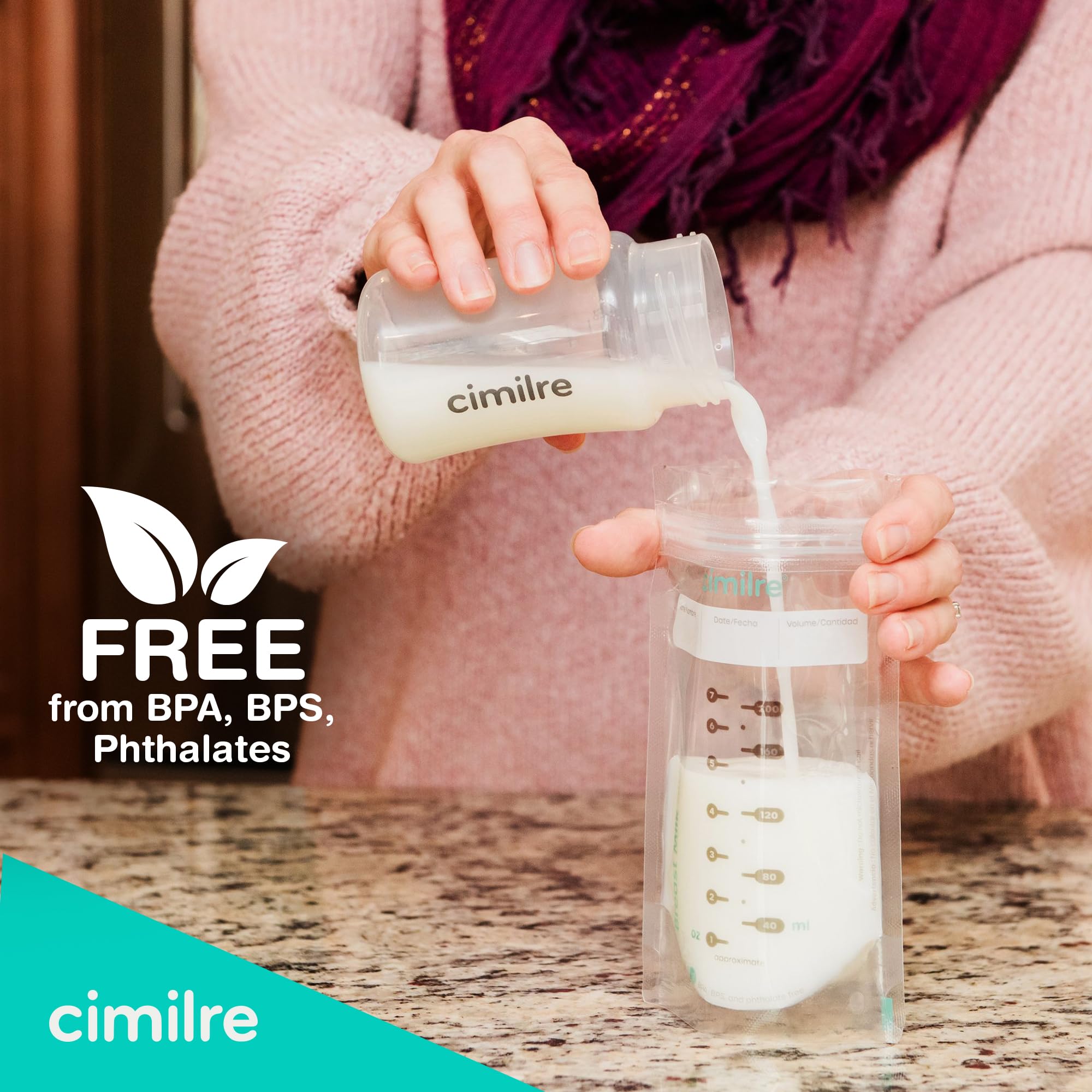 Cimilre Breast Milk Storage Bags - 100 Pack (7 oz) Leak-Proof, BPA-Free for Safe Breastmilk Storage - Freeze Flat or Stand Upright - Perfect for Pumping, Travel & Long-Term Freezing