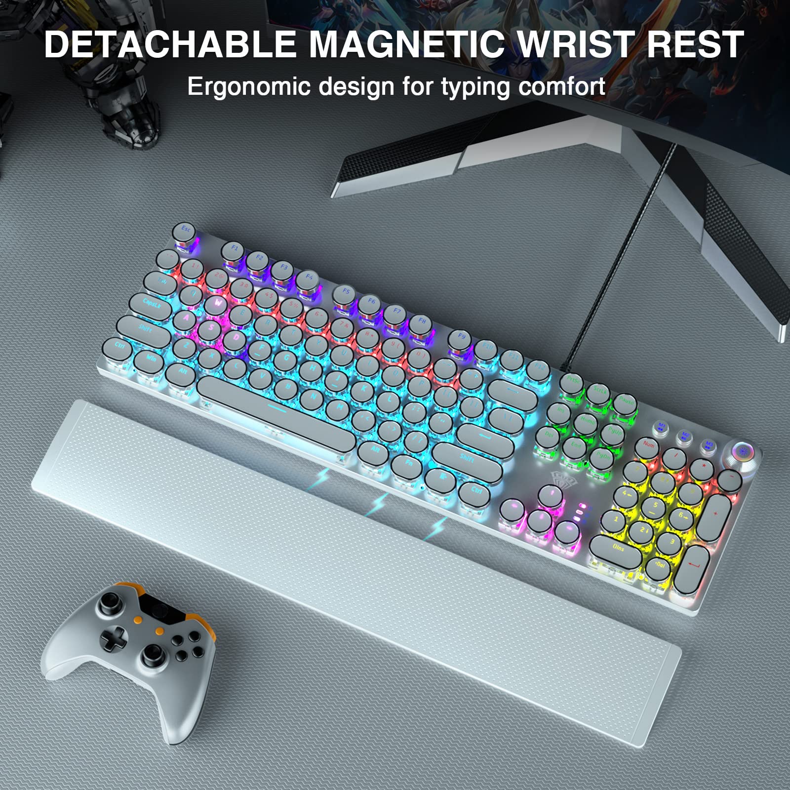 AULA F2088 Retro Mechanical Gaming Keyboard - Blue Switches, Removable Wrist Rest, RGB Backlit, Round Keycaps, 108 Keys Wired USB (White) - Perfect for Typing, Gaming & Office Work