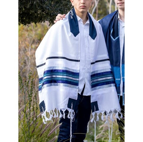 Exclusive Wedding Tallit Shawl - Blue, Gray & Silver Striped Prayer Scarf for Jewish Ceremonies & Special Occasions