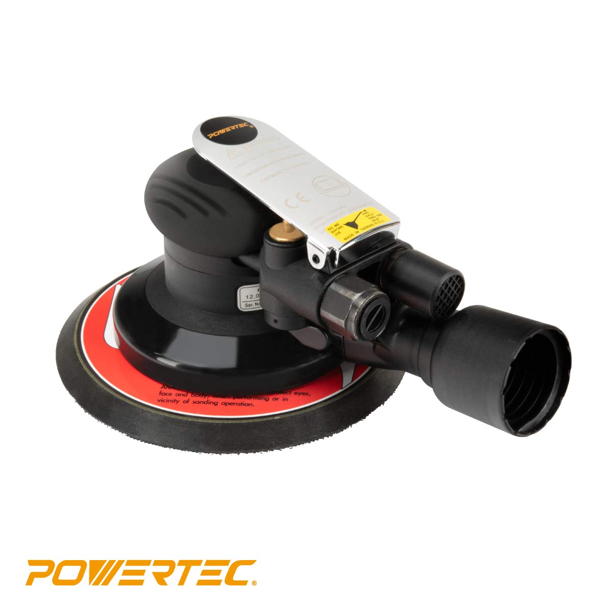 POWERTEC AS63160 Pro Series 6-Inch Random Orbital Sander | Pneumatic Vacuum Palm Sander with 6” x 3/16” Pad | Perfect for Woodworking, Auto Body Repair & DIY Projects