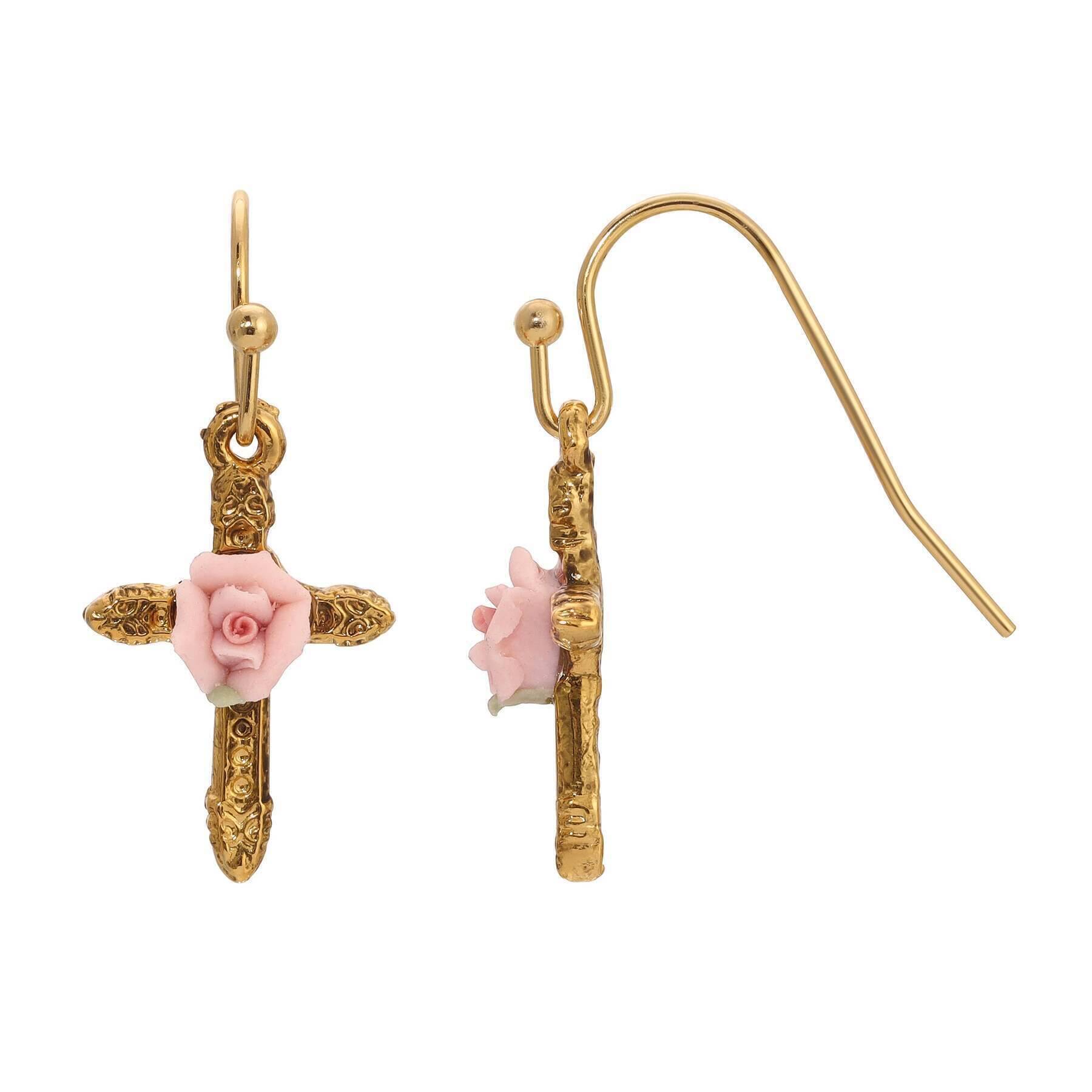 1928 Vintage Jewelry Cross & Pink Porcelain Rose Drop Earrings for Women - Elegant Dangle Earrings for Church, Weddings & Special Occasions