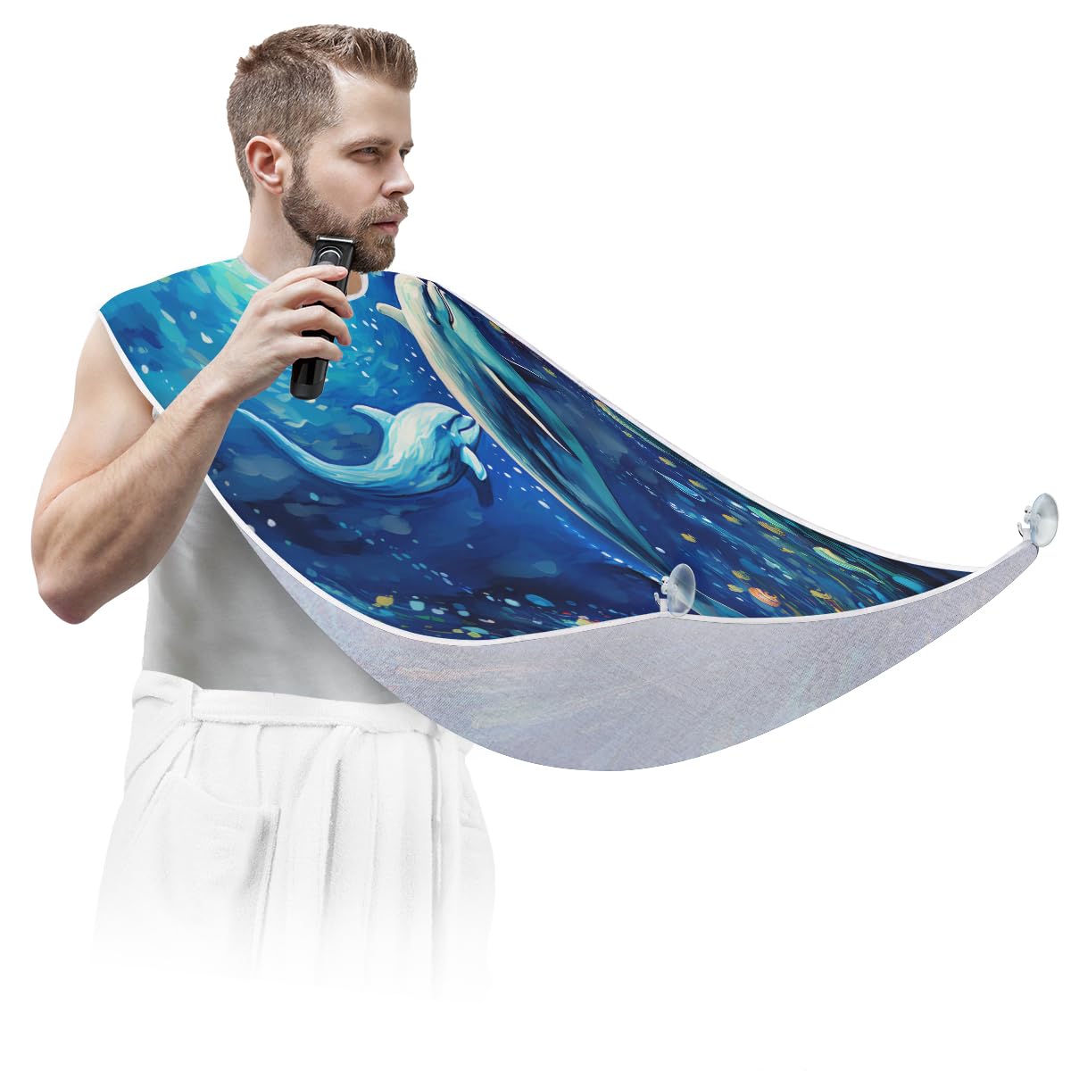 Dolphin Oil Painting Beard Shaving Bib for Men - Waterproof Makeup & Hair Dye Apron, Artist & Barber Cape for Haircut - Sink Hair Catcher & Beard Trimming Tool - Perfect for Salon, Home Grooming & DIY Hair Coloring