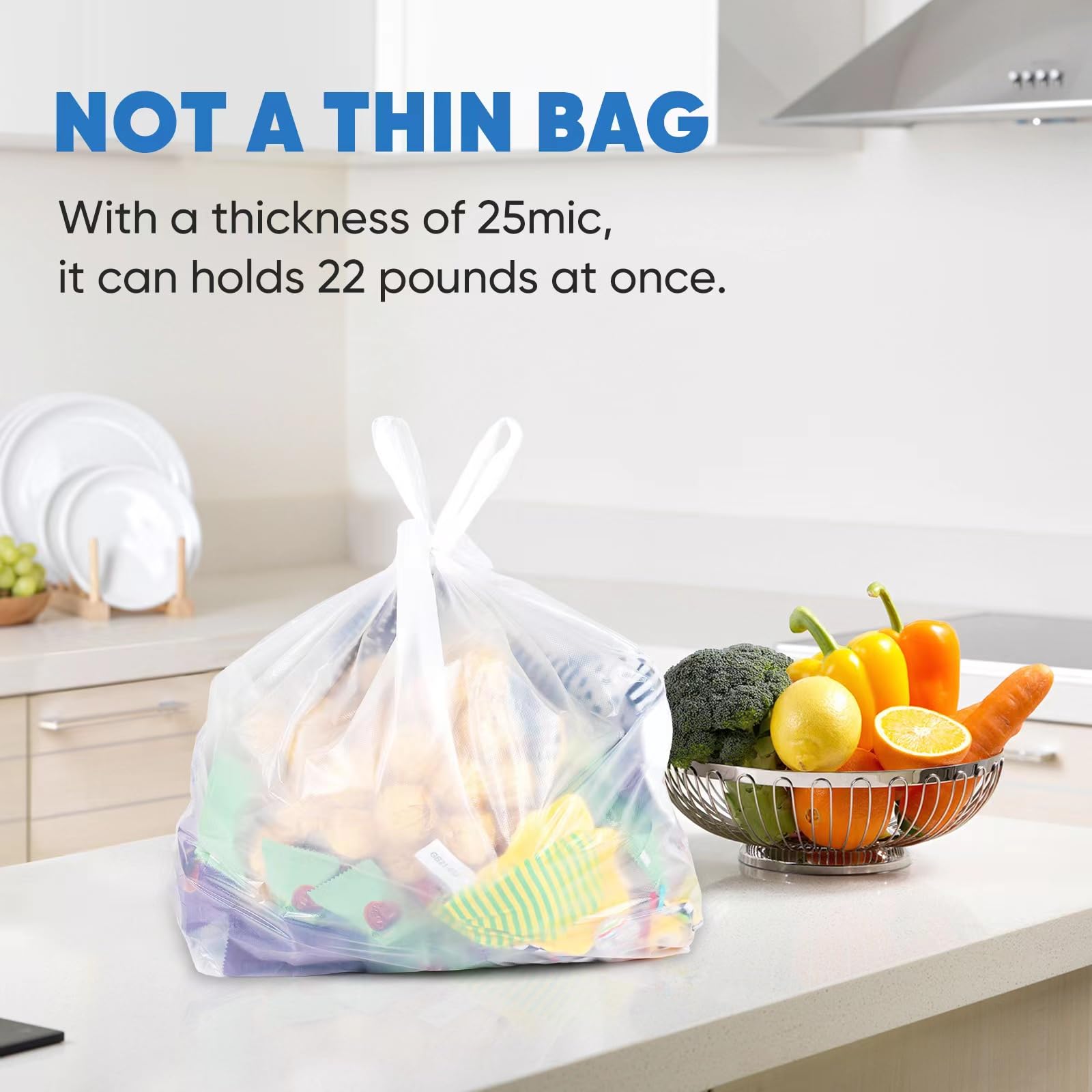 LimonLaviu 310 Count Heavy Duty Plastic Bags with Handles (25 Microns/1 Mil) - 11.5”x6.5”x21” White T-Shirt Grocery Bags for Small Business, Restaurants & Retail Stores | Bulk Shopping Bags for Groceries, Takeout & Retail Packaging