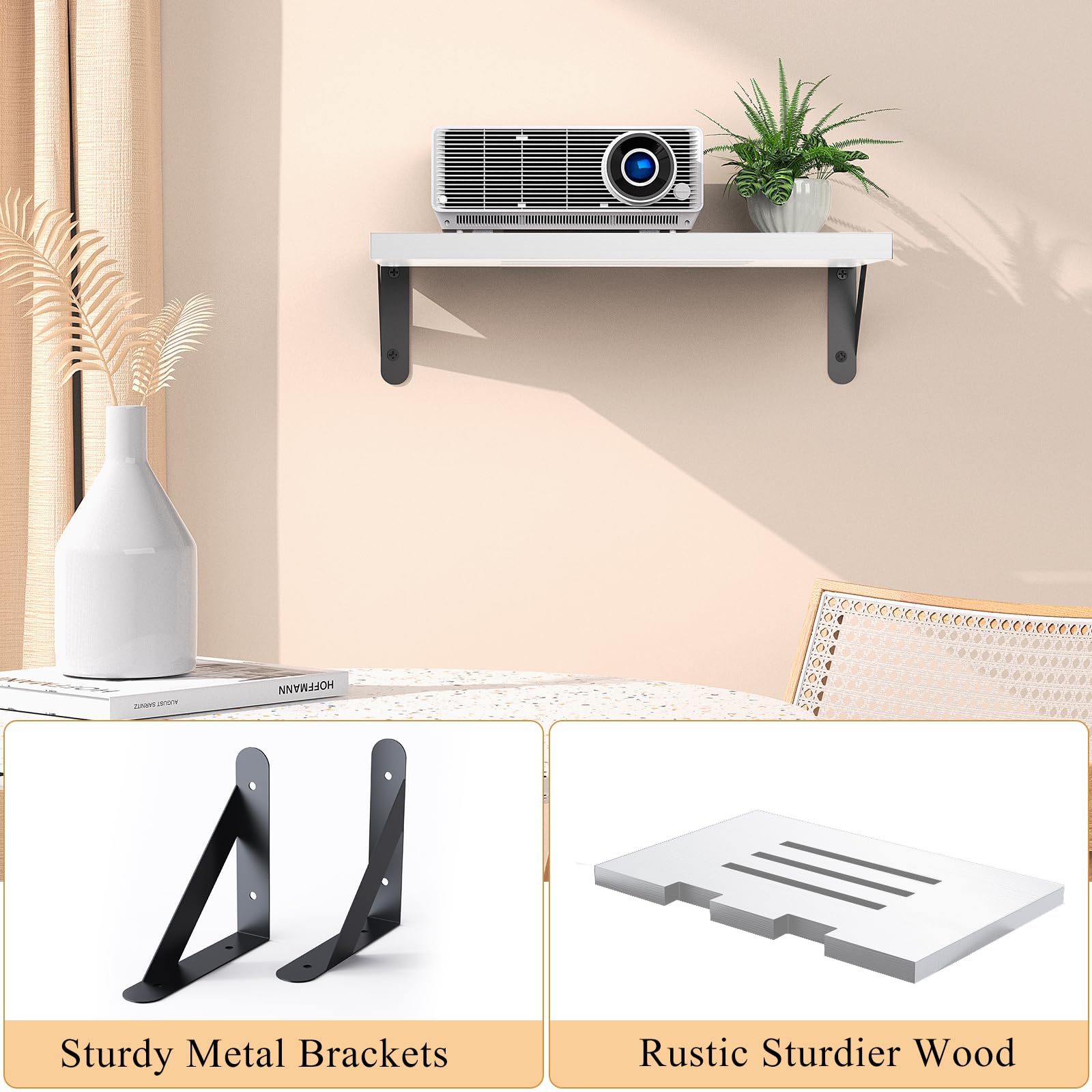 **White Floating Wall Mount Shelf for Projector, Modem, Router & Cable Box - Includes Cable Ties - Perfect for Home Theater, Office & Gaming Setup**