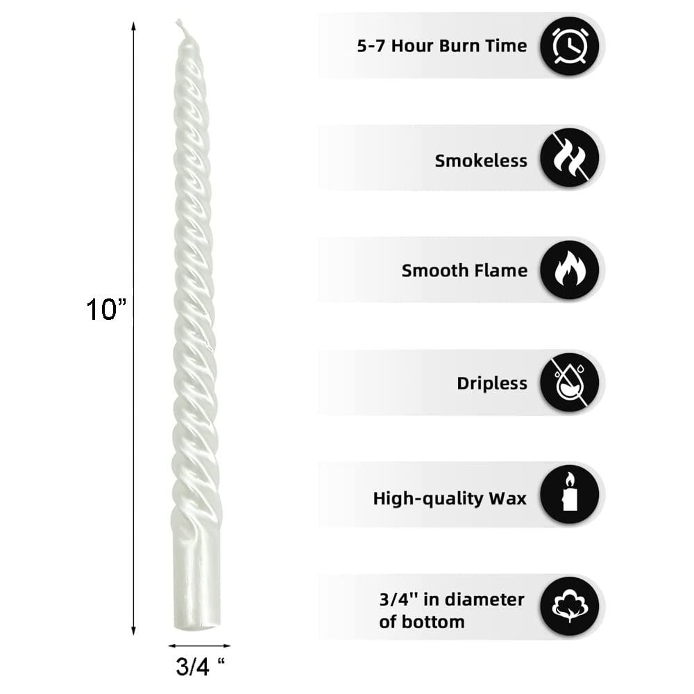 4PCS/Pack 10 Inch Unscented Spiral Taper Candles with Cotton Wicks - Dripless Long Candles for Home Decor, Romantic Dinners, Wedding Centerpieces & Party Decorations (White)