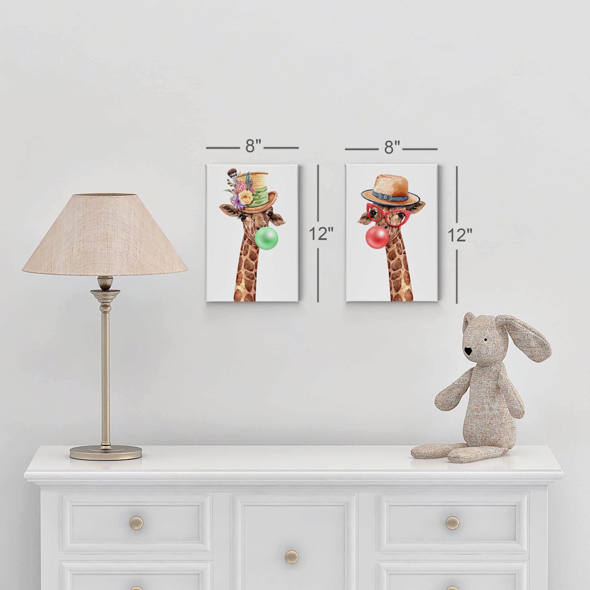 Smile Art Design Giraffe Portrait with Flowered Hat Chewing Bubble Gum - 2 Piece Canvas Wall Art Set, Animal Pop Art for Living Room, Bedroom, Nursery & Kids Room Decor (22x15 Inches) - Perfect for Modern Home, Office & Gift Giving