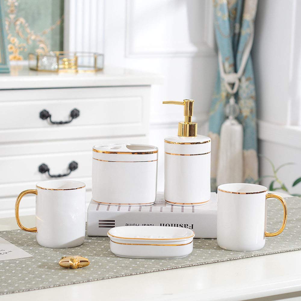 Vintage Ceramic Bathroom Accessories Set - 5 Piece Gold Painted Soap Dispenser, 2 Cups, Toothbrush Holder & Soap Dish for Home, Hotel Vanity Countertop Decor | Perfect for Bathroom Organization and Stylish Decor